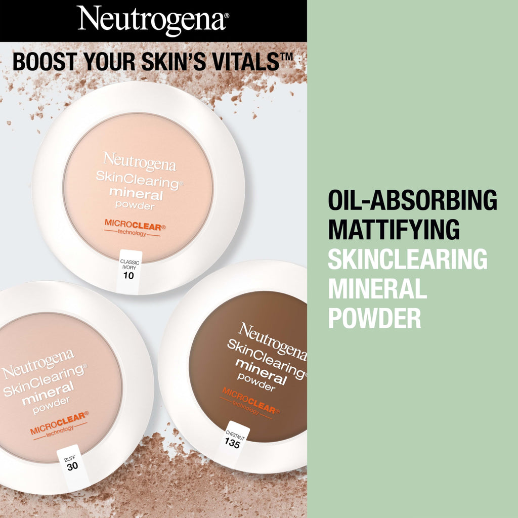 Neutrogena SkinClearing Pressed Mineral Powder Compact for Acne Prone Skin, Oil Absorbing Acne Makeup with Salicylic Acid helps to Cover, Treat & Prevent Breakouts, Soft Beige 50, .38 oz
