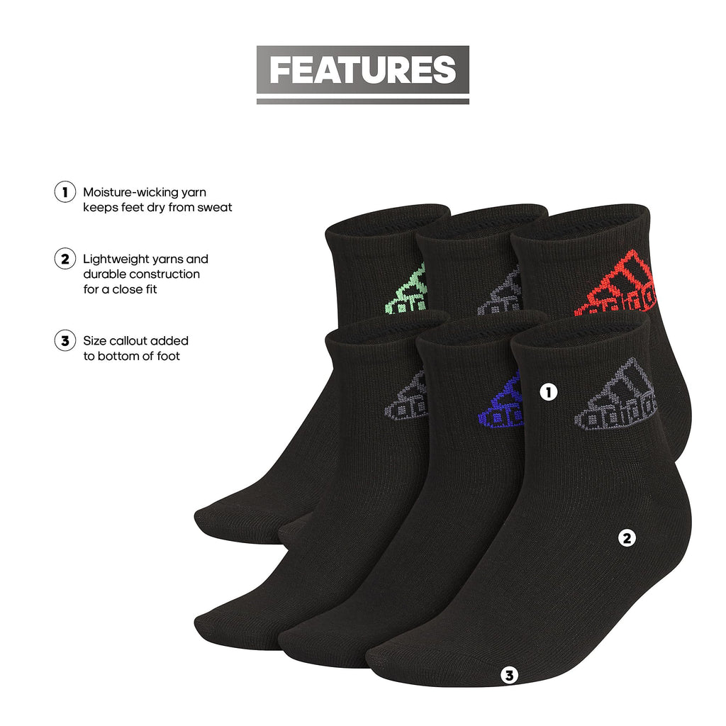 adidas Unisex Kids Quarter Ankle Socks for Boys and Girls Youth (6-Pack) Superlite Breathable and Lightweight
