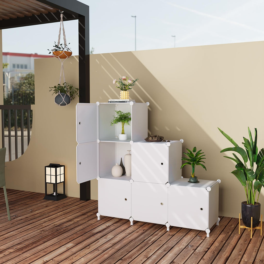ATTDETJL Cube Storage Organizer, 6-Cube Shelves Unit with Doors, DIY Stackable Plastic Clothes Organizer for Bedroom and Under Stairs Storage Unit, Each Compartment 30 x 30 x 30 cm White ATTSL6002