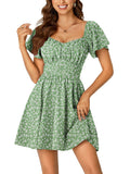 Rooscier Women's Tie Back Square Neck Ruffle Wrap Short Sleeve Flare Mini Dress Green Floral Medium