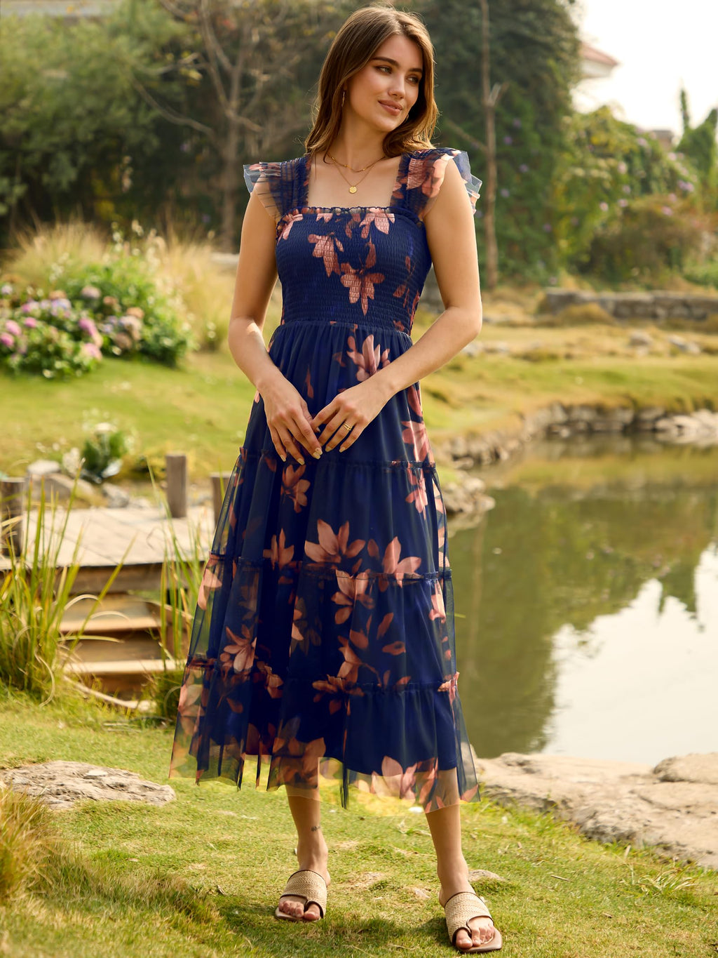ANRABESS Women Summer Floral Midi Dress Sleeveless Boho Flowy Smocked RuffleTulle Beach Vacation Wedding Guest Party Dresses Large