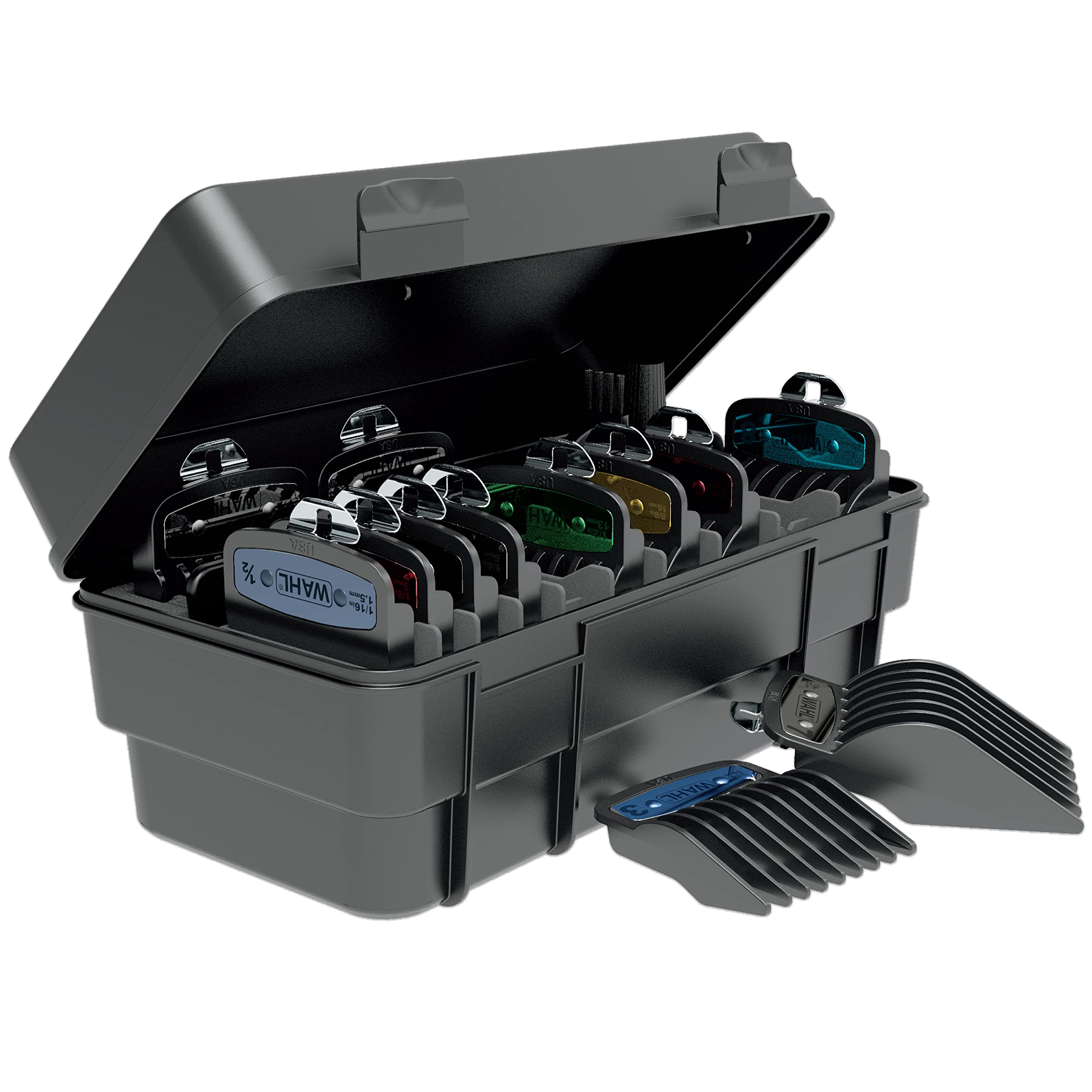 Wahl Genuine SECURE-SNAP® Guide Comb Set with Colored Metal Clips and Guard Organization Caddy, 12 Full Size Attachment Guards from 1/16” to 1” for Increased Cutting Performance Grey - 3291-300
