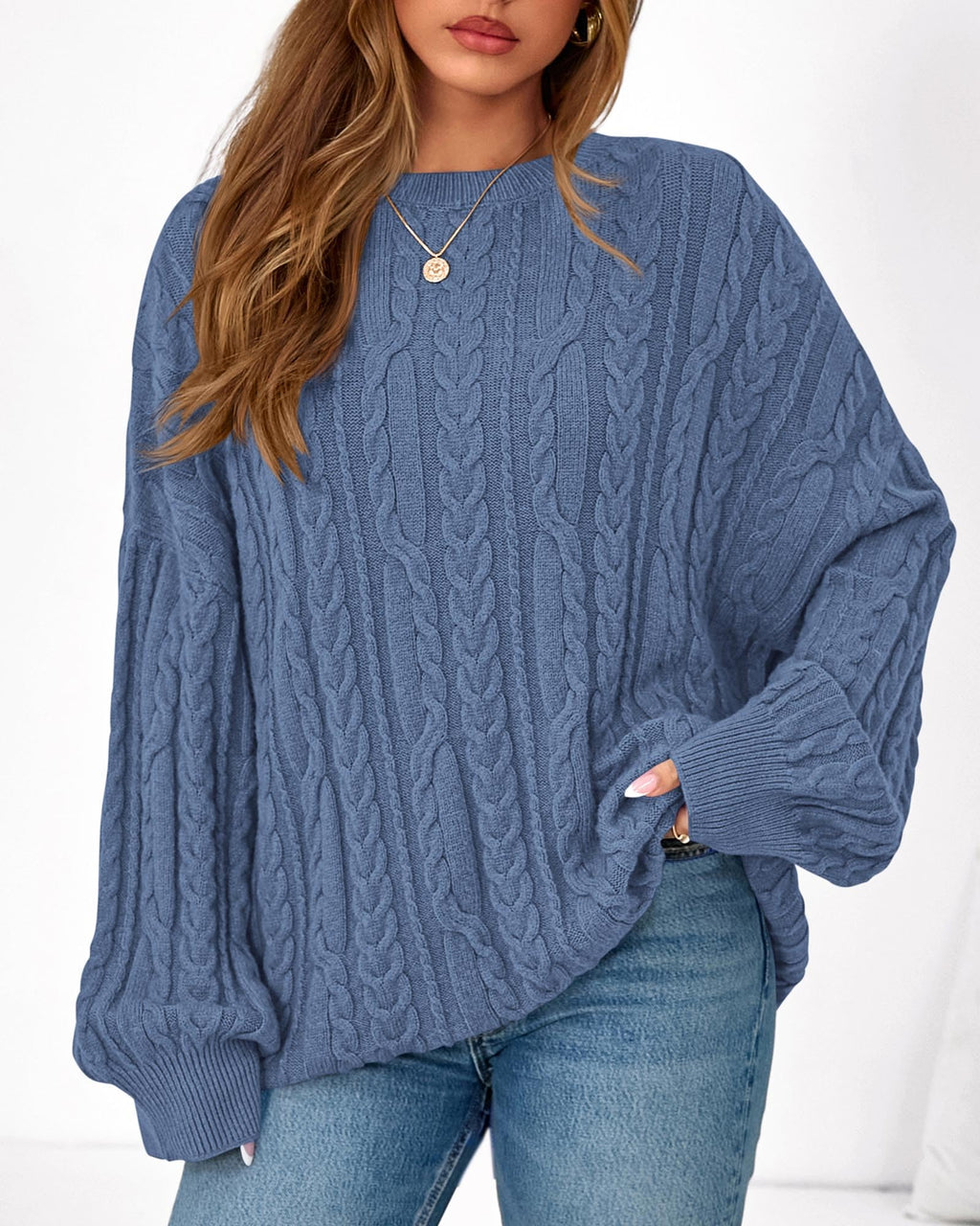 KIRUNDO Oversized Chunky Cable Knit Sweater Women 2026 Fall Fashion Cozy Long Sleeve Crewneck Pullover Winter Clothing(Blue, Medium)