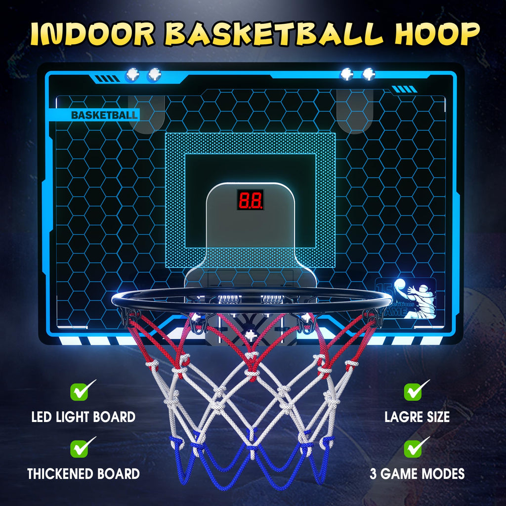 HopeRock Indoor Mini Basketball Hoop for Kids, Basketball Hoops Over The Door with LED Lighting, Mini Hoop with Scoreboard & 3 Balls, Basketball Toys Gifts for 5 6 7 8 9 10 11 12 Year Old Boys Girls