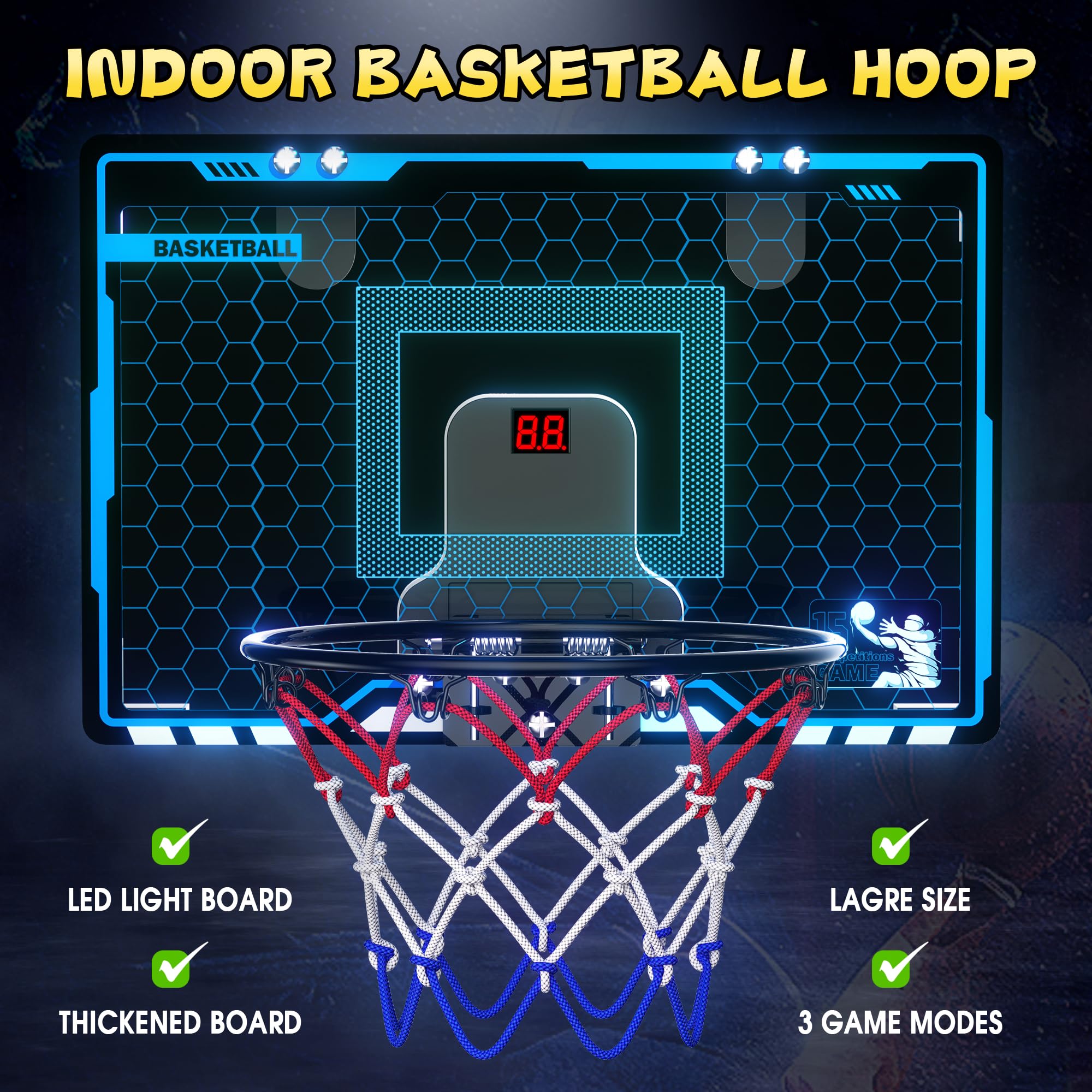 HopeRock Indoor Mini Basketball Hoop for Kids, Basketball Hoops Over The Door with LED Lighting, Mini Hoop with Scoreboard & 3 Balls, Basketball Toys Gifts for 5 6 7 8 9 10 11 12 Year Old Boys Girls