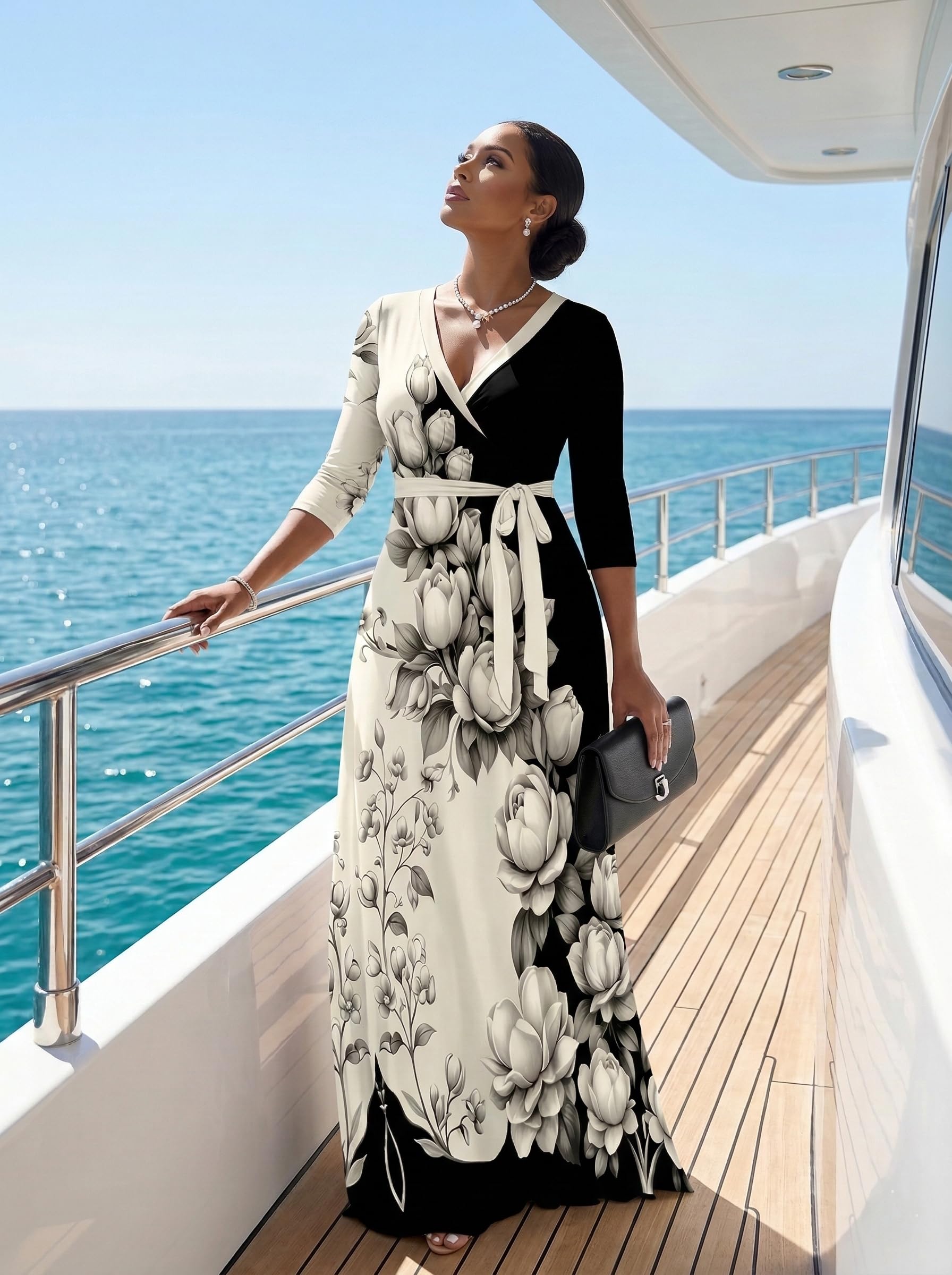 PinkPatty Plus Size Maxi Dress for Women 3/4 Sleeve V Neck Long Dress Casual Party Sundress with Belt (A-Floral Colorblock-Black/Beige 2XL)