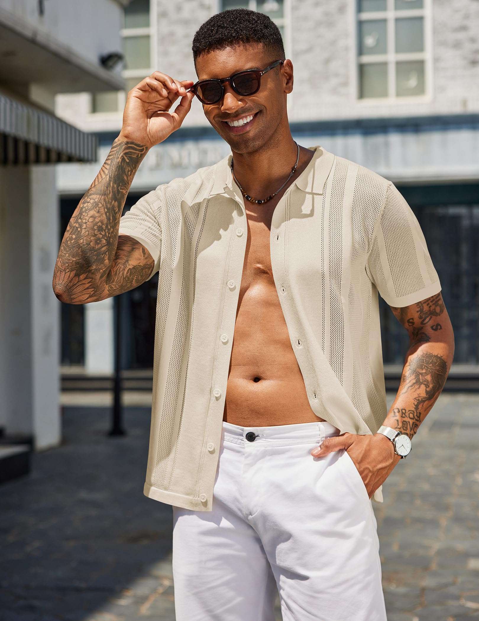 COOFANDY Men's Short Sleeve Knit Shirt Casual Button Down Shirt Vintage Knitted Polo Golf Beach Tops Light Khaki