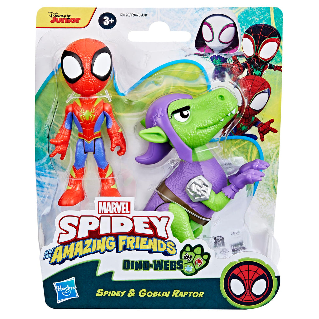 Marvel Spidey and His Amazing Friends Dino-Webs, Spidey and Goblin Raptor Action Figures Set, Super Hero Toys for Boys and Girls Ages 3 and Up