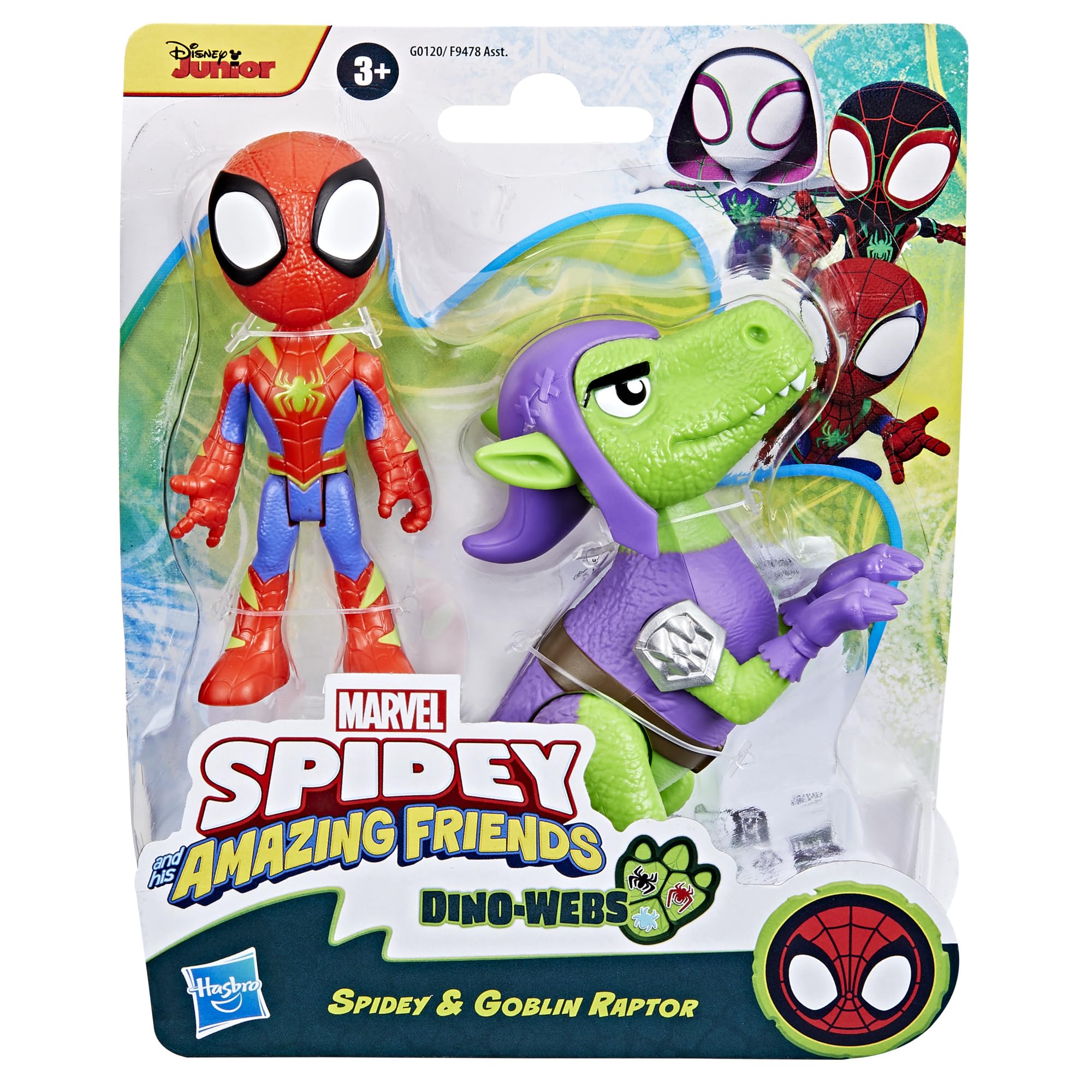 Marvel Spidey and His Amazing Friends Dino-Webs, Spidey and Goblin Raptor Action Figures Set, Super Hero Toys for Boys and Girls Ages 3 and Up