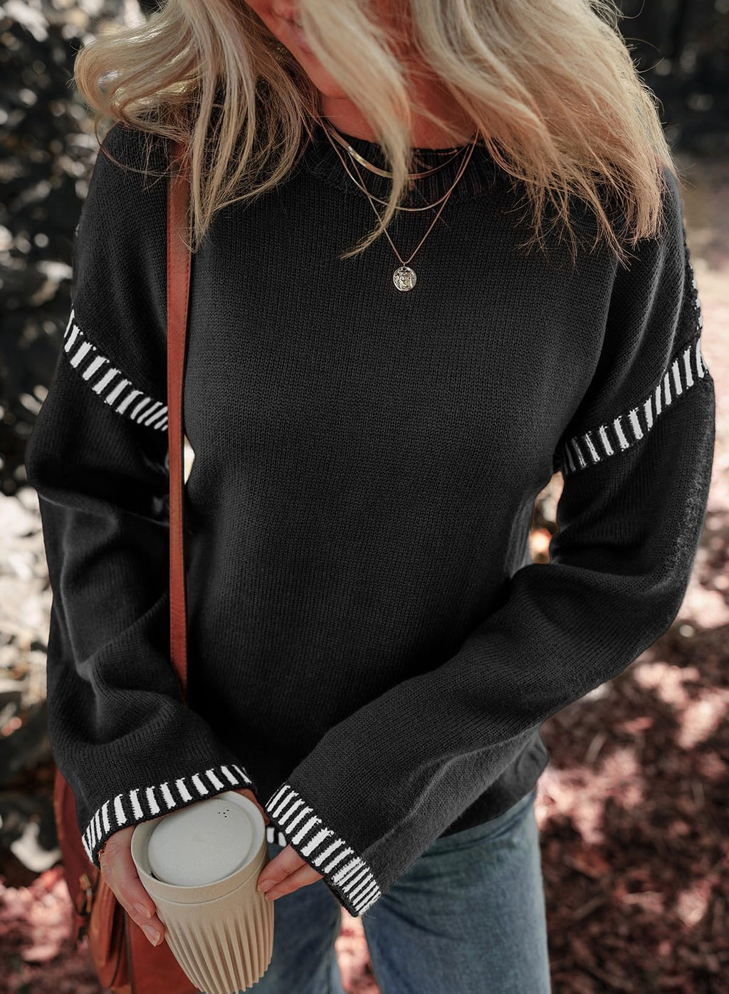 Dokotoo School Outfits for Teachers Early Fall Fashion Crewneck Solid Oversized Sweaters for Women Contrast Ribbed Knit Winter Clothing for Women Soft Long Sleeve Casual Loose Sweater Tops Black XL