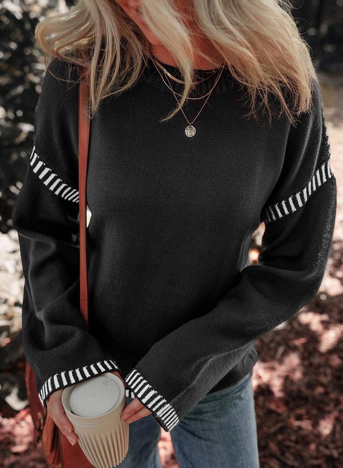Dokotoo School Outfits for Teachers Early Fall Fashion Crewneck Solid Oversized Sweaters for Women Contrast Ribbed Knit Winter Clothing for Women Soft Long Sleeve Casual Loose Sweater Tops Black XL