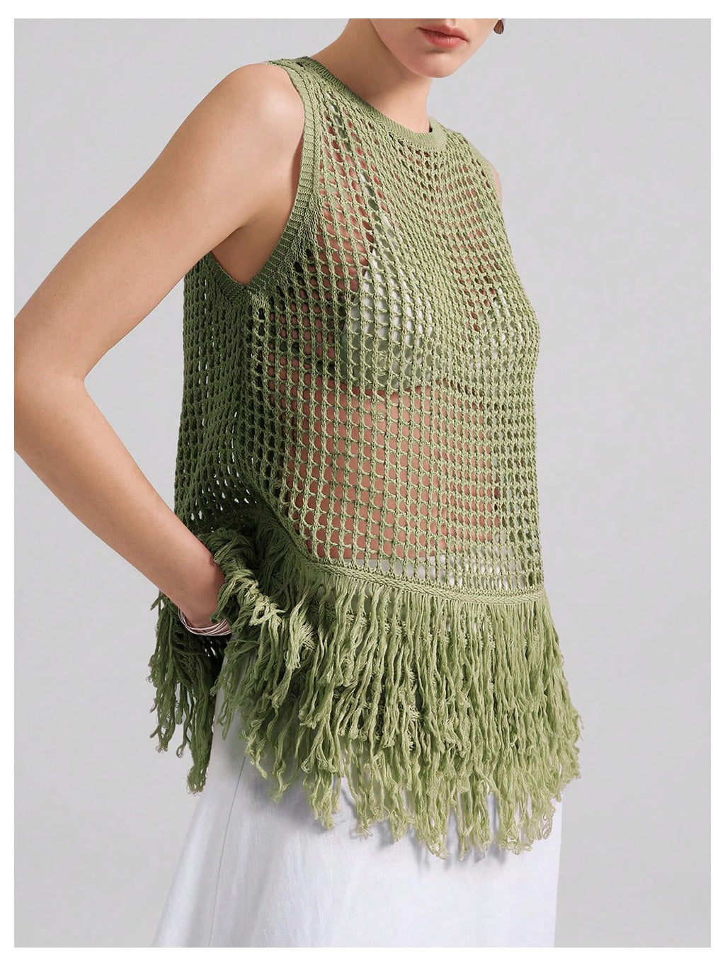 Milumia Women's Hollow Out Fringe Knitted Tank Top Sexy Sheer Sleeveless Long Sweater Vests Army Green Small
