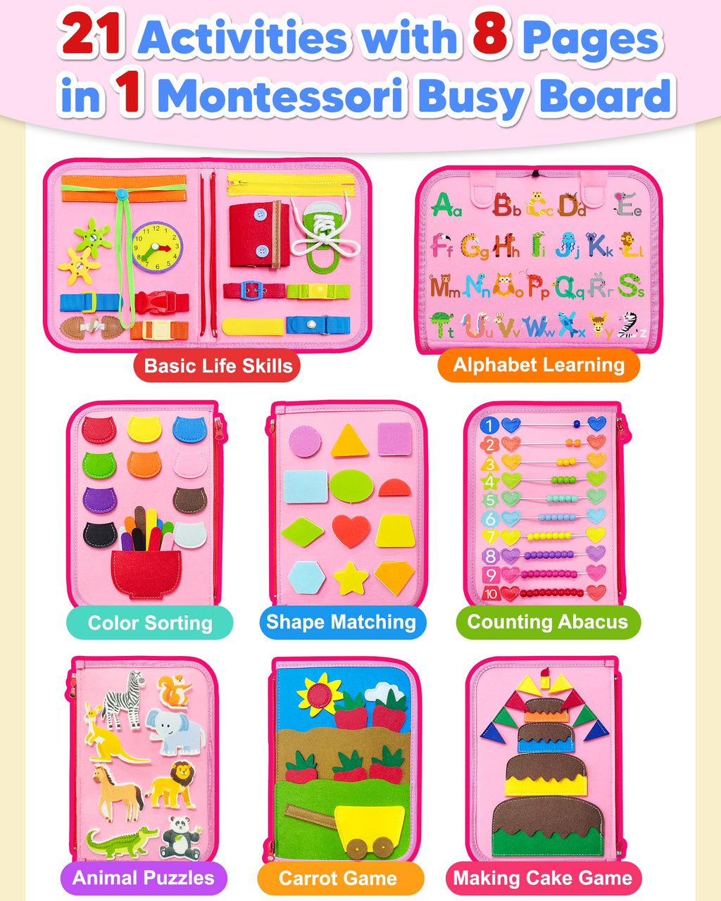 Exorany Busy Board Montessori Toys for Toddler Girl Birthday Gifts, Busy Book Sensory Learning Toys for Toddlers, Toddler Girl Airplane Car Travel Toy Educational Activities