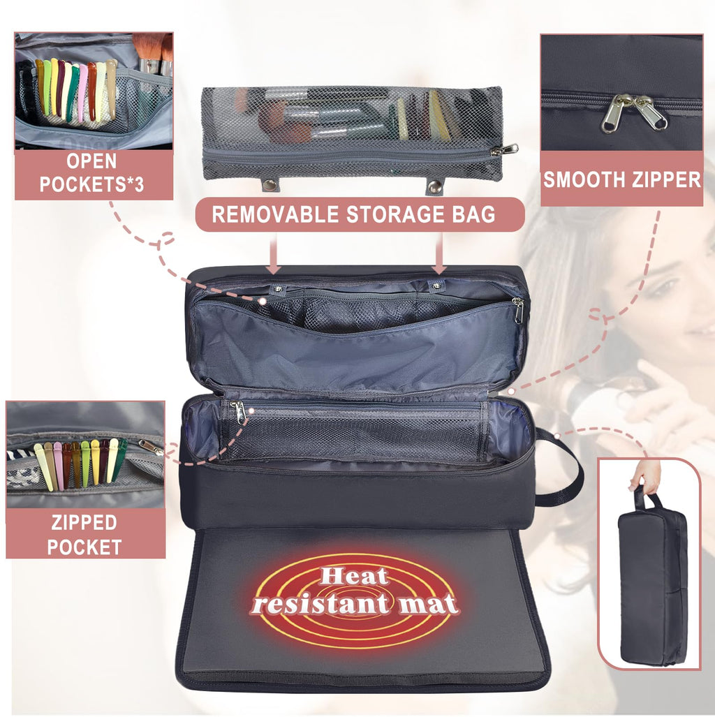 FAMOPLAY Hair Tools Travel Bag with Heat Resistant Mat Hair Styling Accessories Storage Case for Hair Dryer Flat Iron Straightener Curling Iron Haircare Accessories Travel Essentials for Women
