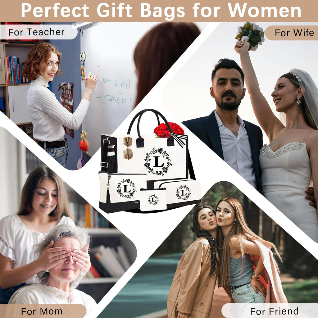 Adoryoung Personalized Tote Bags for Women, 4pcs Monogram Tote Bags, Double-sided Embroidery Initial Tote Bag Birthday Gifts (S)