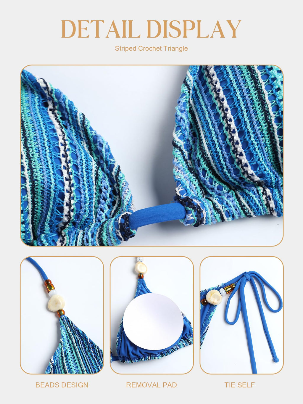 ZAFUL Bikini Sets for Women Sexy Two Piece Swimsuits High Cut Cheeky Thong Bathing Suit Beads Striped Triangle Swimsuit Push Up Bikini Top with Low Rise Bottoms Retro Self Tie Swimwear Royal Blue S
