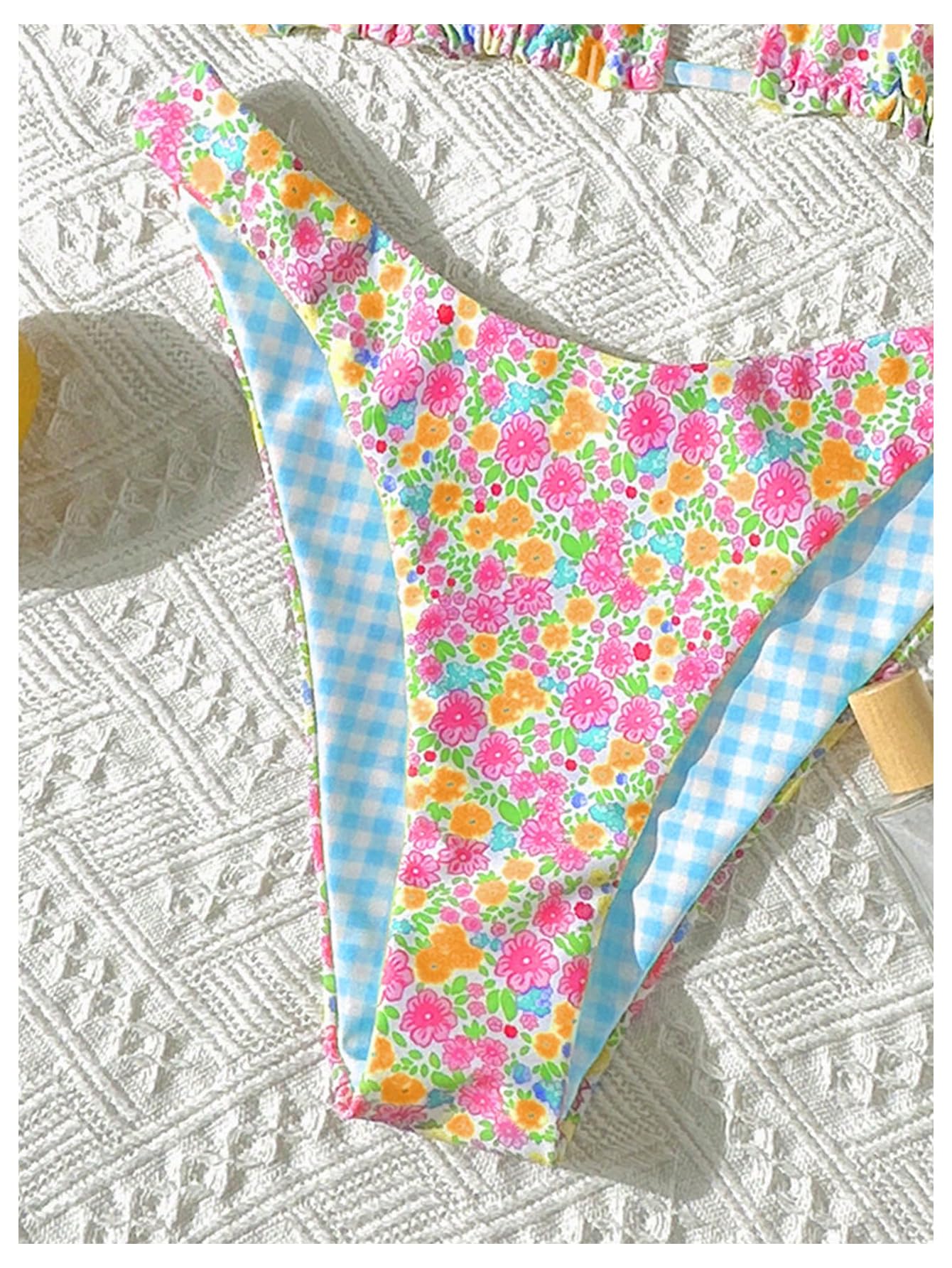 WDIRARA Women's 2 Piece Floral Striped Bikini Set Halter String Thong Swimsuit High Cut Bathing Suit Orange Blue Small