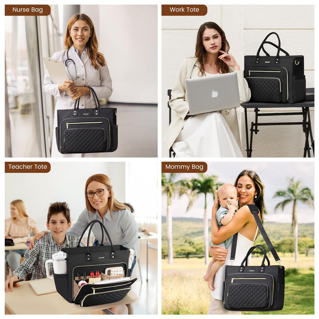 LOVEVOOK Teacher Tote Bag for Women Work, Laptop Bag Work Tote Bag Nurse Bags With Large Cup Holder, Professional Computer Briefcase Business Large Purses Handbag, Diaper Bag Mother Gift, Black