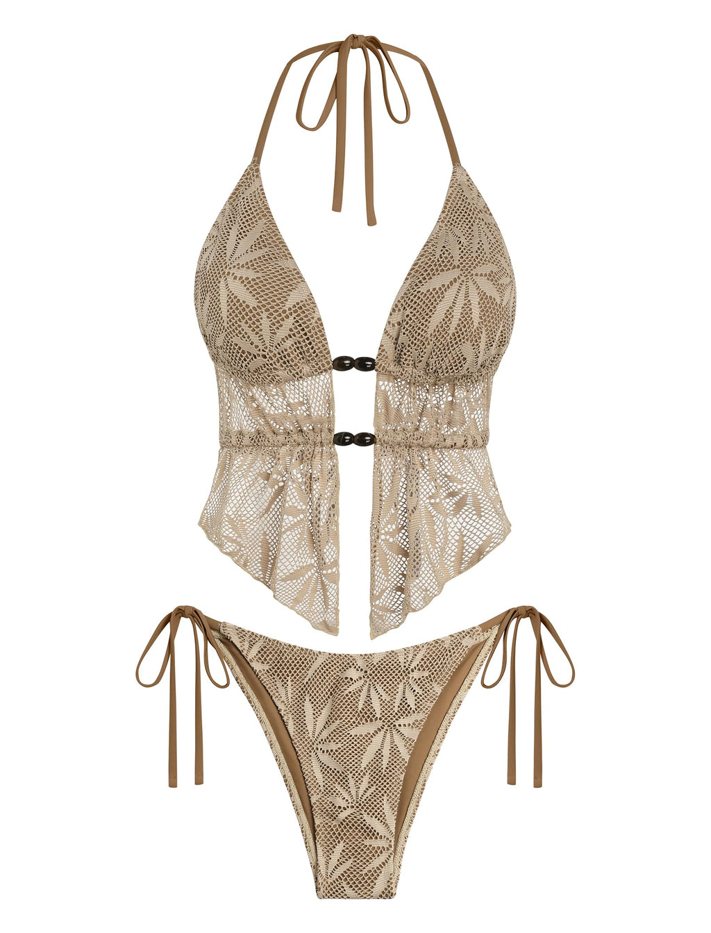ZAFUL Boho Halter Bikini Sets for Women Hollow Crochet Beaded Backless Two Piece Swimsuit Cheeky High Cut Bathing Suit 3-Brown S