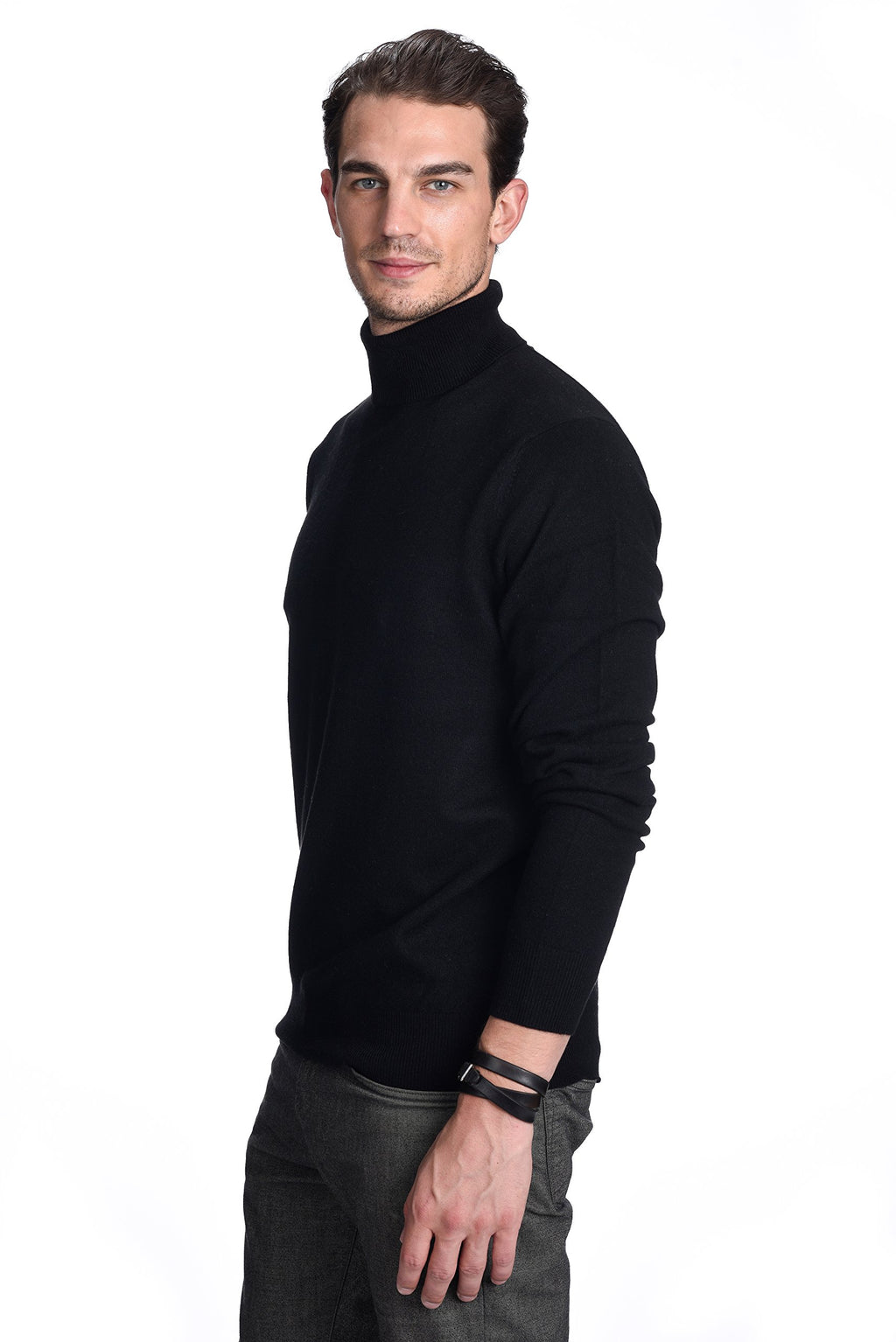 State Cashmere Men's Essential Turtleneck Sweater 100% Pure Cashmere Classic Long Sleeve Pullover (Black, Large)