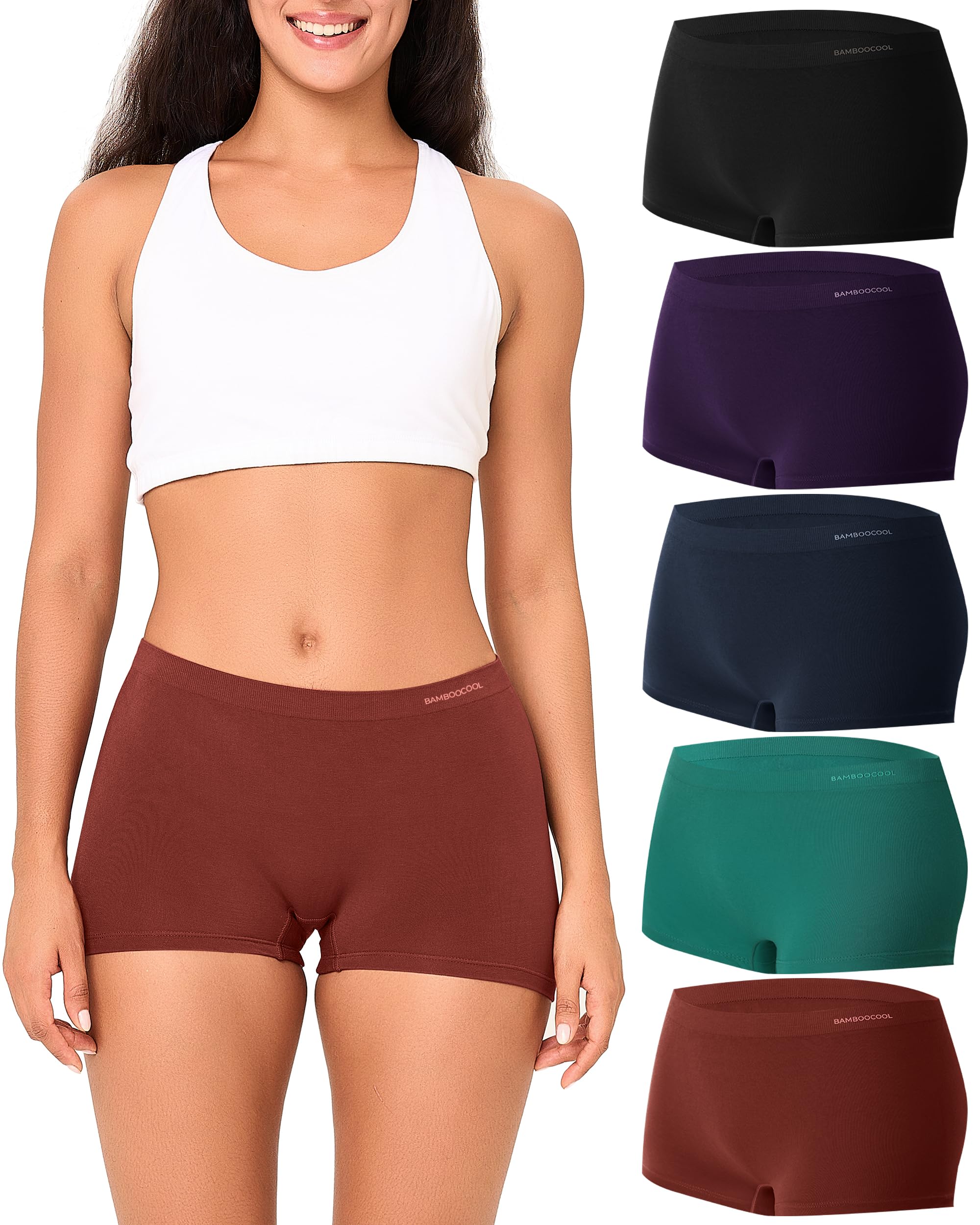 BAMBOO COOL Seamless Boyshort Underwear for Women Mid Waist Stretchy Panties Moisture Wicking Boxer Briefs 5 Pack