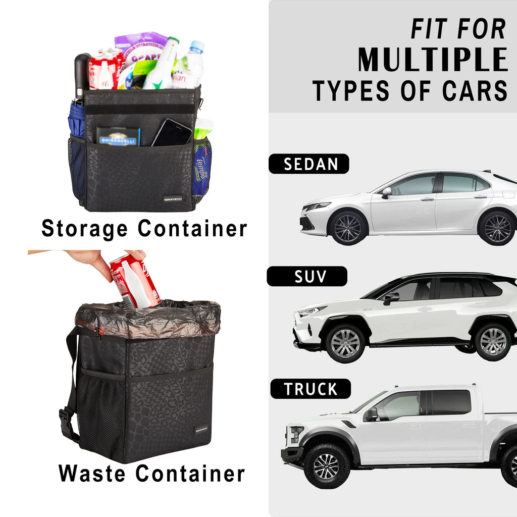 SIBOFUEGO Cute Car Trash Can with Lid – Multipurpose Collapsible Trash Bin for Car, Leak-Proof Organizer, Waterproof Garbage Can with Storage Pockets & Adjustable Straps, 2 Gallons (Black Leopard)