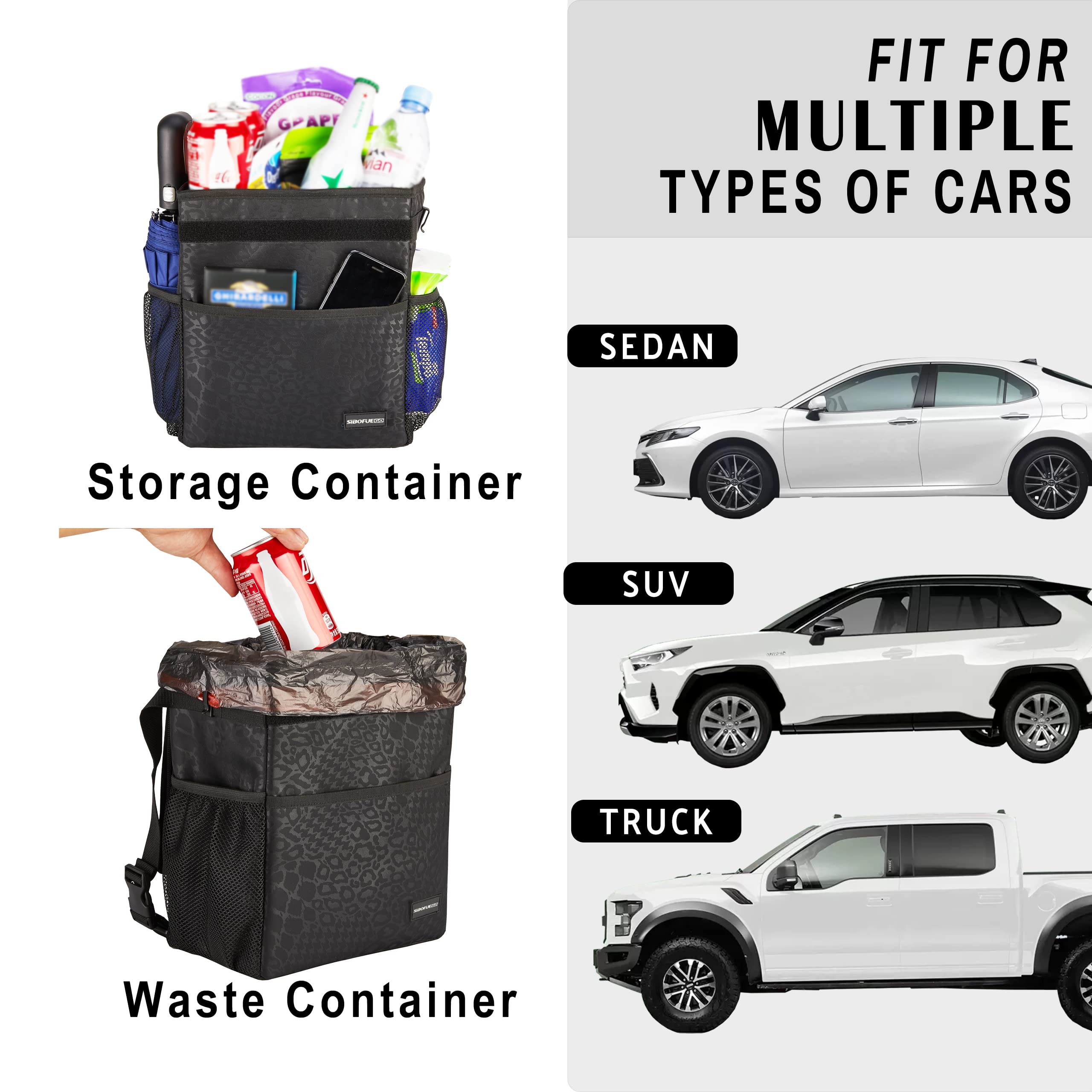 SIBOFUEGO Cute Car Trash Can with Lid – Multipurpose Collapsible Trash Bin for Car, Leak-Proof Organizer, Waterproof Garbage Can with Storage Pockets & Adjustable Straps, 2 Gallons (Black Leopard)
