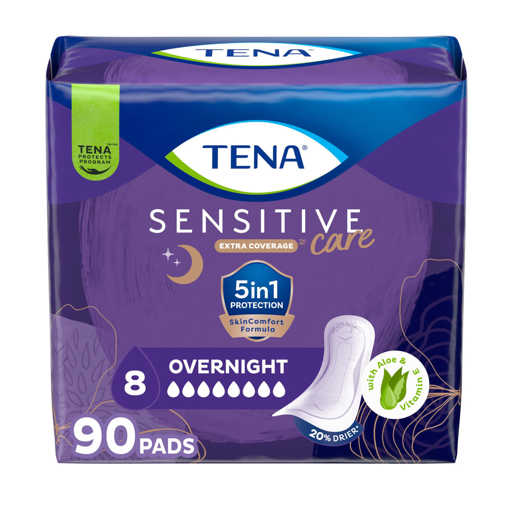 TENA Sensitive Care Incontinence Pads, Bladder Control & Postpartum for Women, Overnight Absorbency, Extra Coverage, 90 Count