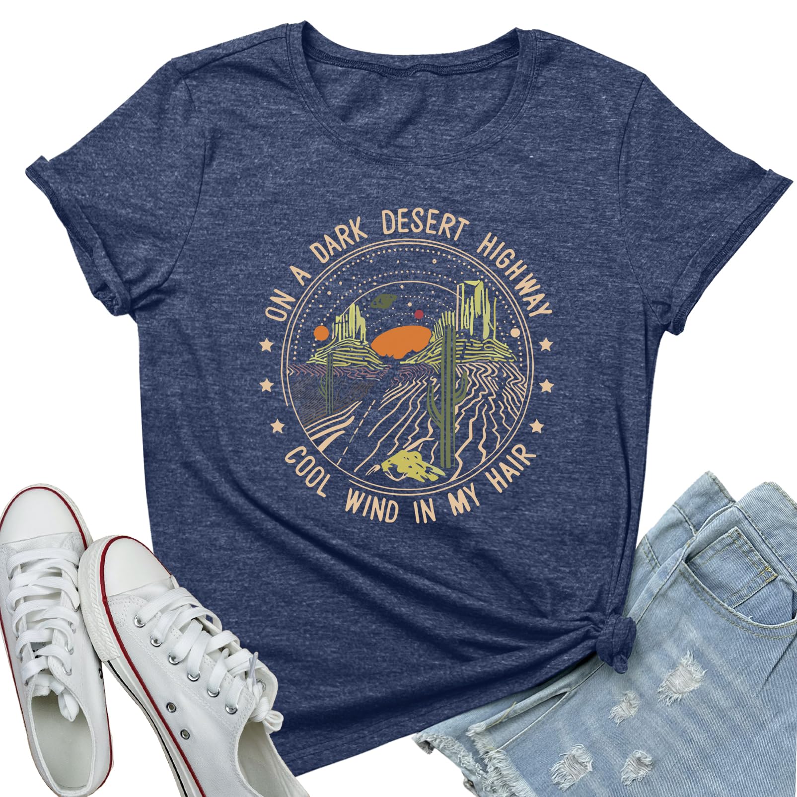 ROSEPARK Women Dark Desert Cute Graphic Tee Shirts Heather Navy X-Large