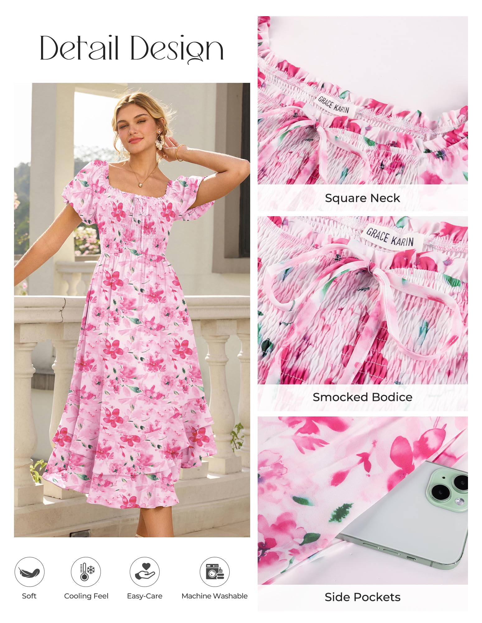 GRACE KARIN Womens Summer Floral Maxi Dress 2026 Flowy Wedding Guest Dress A Line Boho Dresses Fashion Clothing with Pockets Pink Floral M