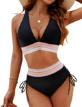 Blooming Jelly Womens High Waisted Bikini Tummy Control Color Block Swimsuits Two Piece Bathing Suit (L, Black)