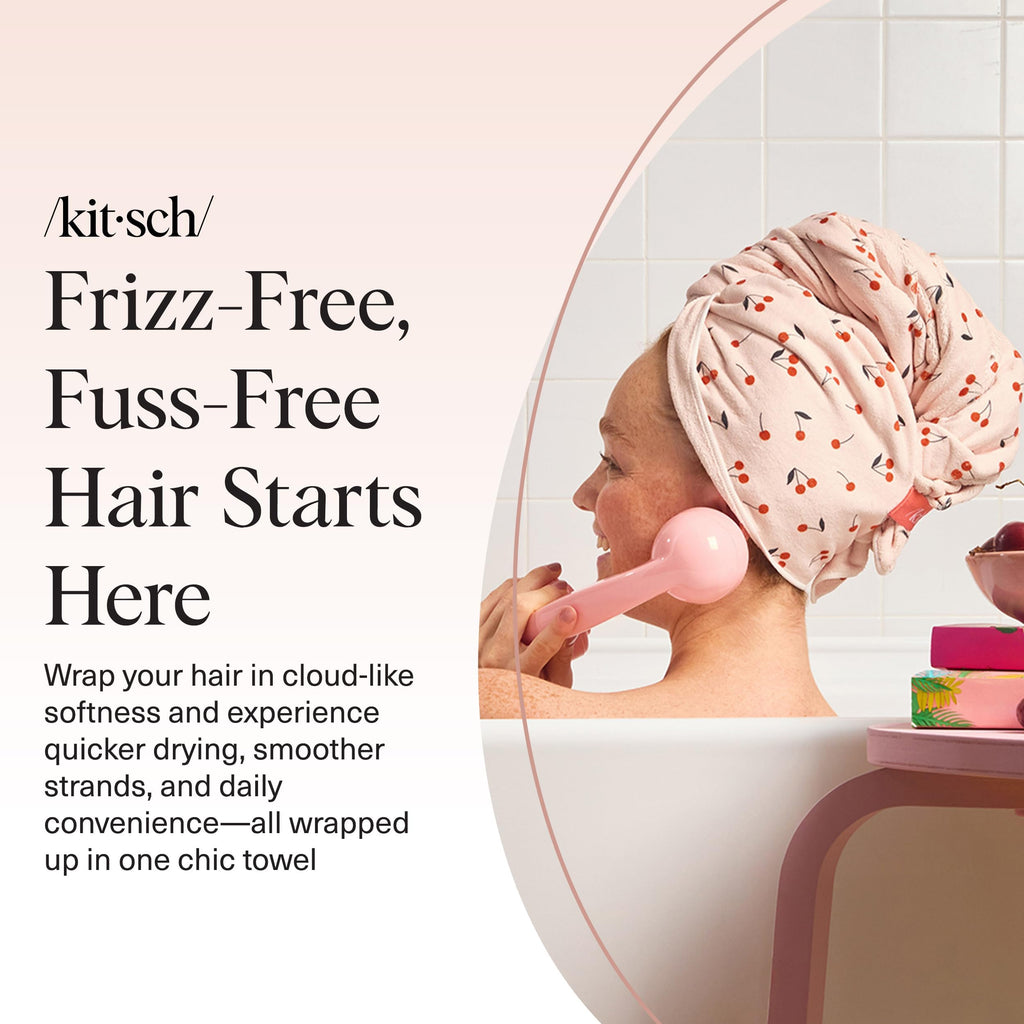 Kitsch XL Microfiber Hair Towel Wrap for Women – Ultra Absorbent Microfiber Towel for Wet, Curly, Long or Short Hair – Quick Dry, Anti-Frizz Hair Wrap – Cherry Print, 40x24 inches