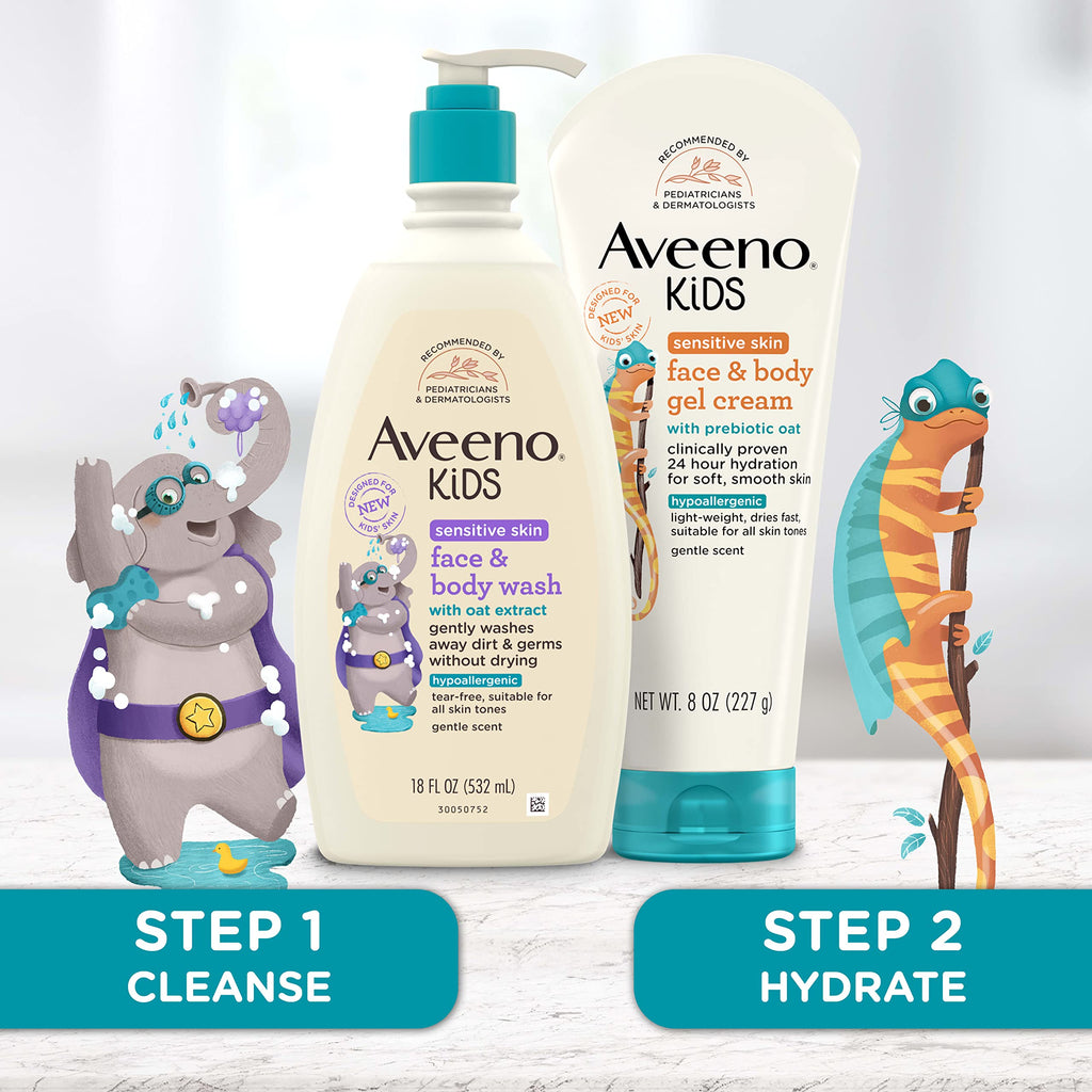 Aveeno Kids Face & Body Wash for Sensitive Skin, Oat Extract, Tear-Free, Non-Drying, Light Scent, Pump Dispenser, Hypoallergenic, Sulfate & Dye Free, 18 fl oz