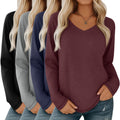 Velvelhall 4 Pack Women's Long Sleeve V Neck Shirts, Casual Loose Fit Tees Basic Tunic Tops Trendy Fall T-Shirts Outfits(Black, Gray, Navy Blue, Wine Red,Small)