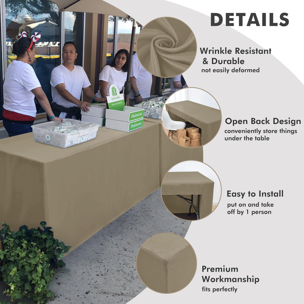 Nasitos 2 Pack Taupe Tablecloth 6 Foot - Open Back Fitted Tablecloth Rectangle Table, Washable Fabric Trade Show Table Cover for Craft Show, Display, Parties, Wedding, Events
