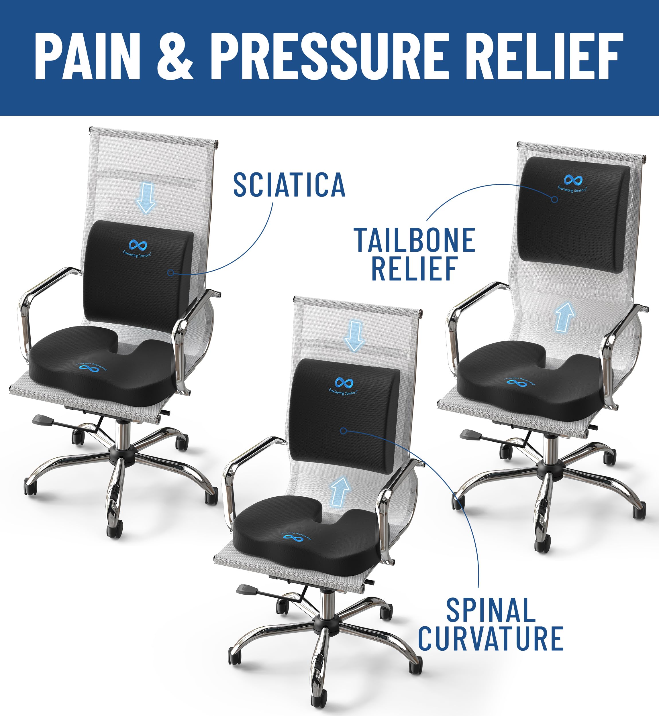 Everlasting Comfort Doctor Recommended Memory Foam Seat Cushion for Office Chairs & Car - Ergonomic Office Desk Accessories - Cushions for Tailbone Pain Relief, Sciatica & Back Support Pillow