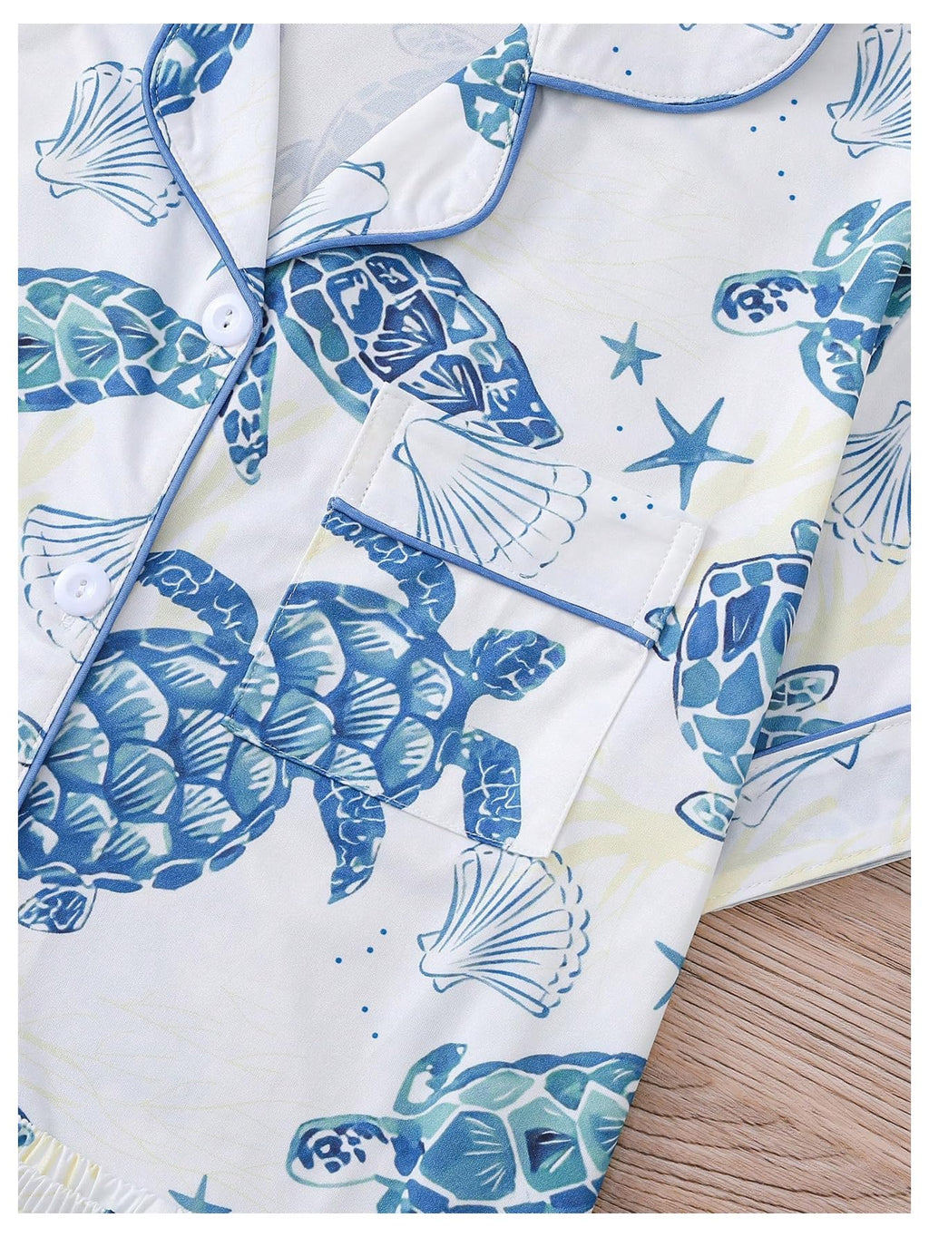 WDIRARA Women's 2 Piece Sea Turtle Graphic Pajama Set Button Down Short Sleeve Shorts Loungewear Pjs Sets White and Blue Large