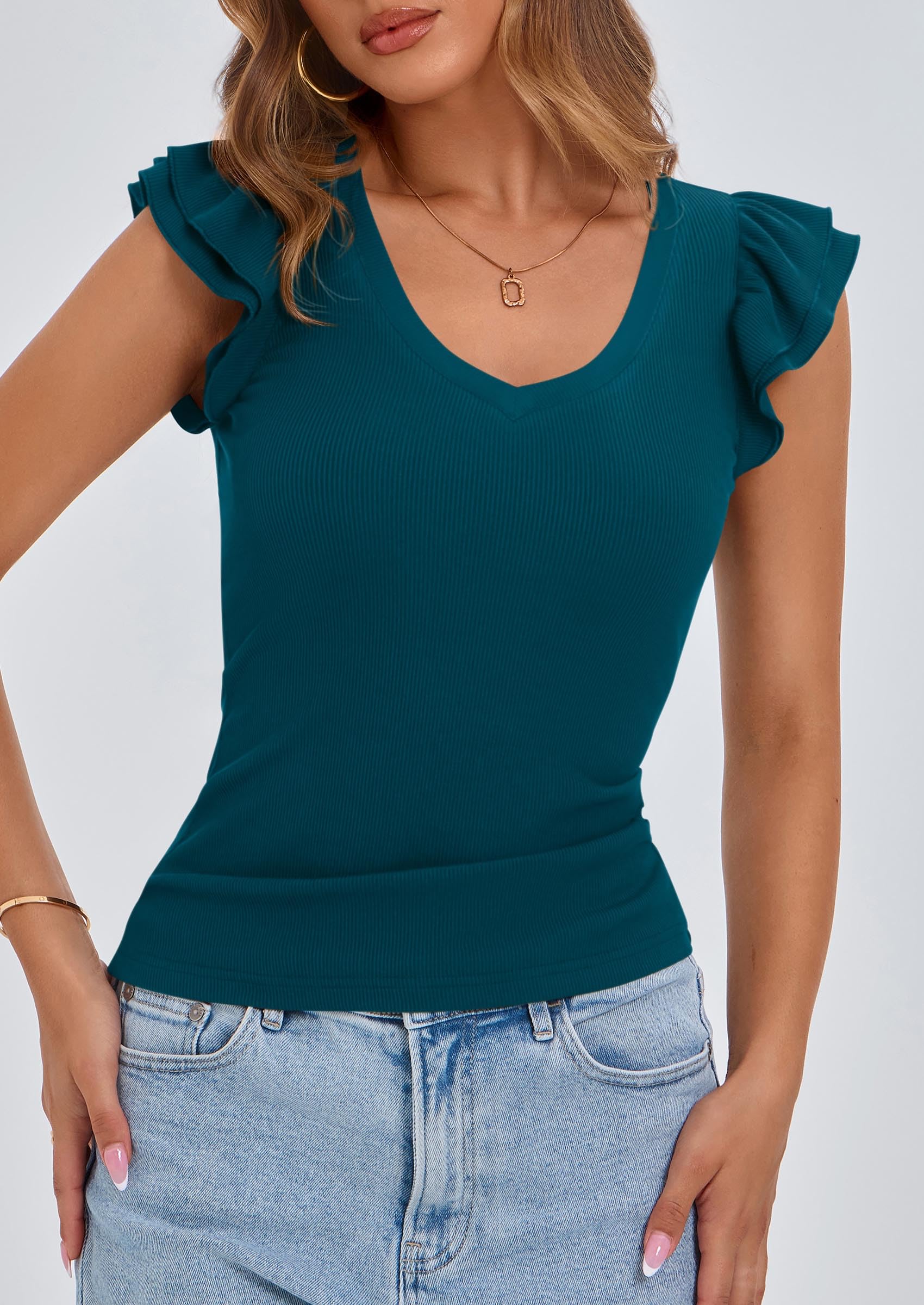 PRETTYGARDEN Womens V Neck Summer Tops Ruffle Sleeveless Slim Fit T Shirts Going Out Casual Blouses 2026 (Dark Blue,Large)