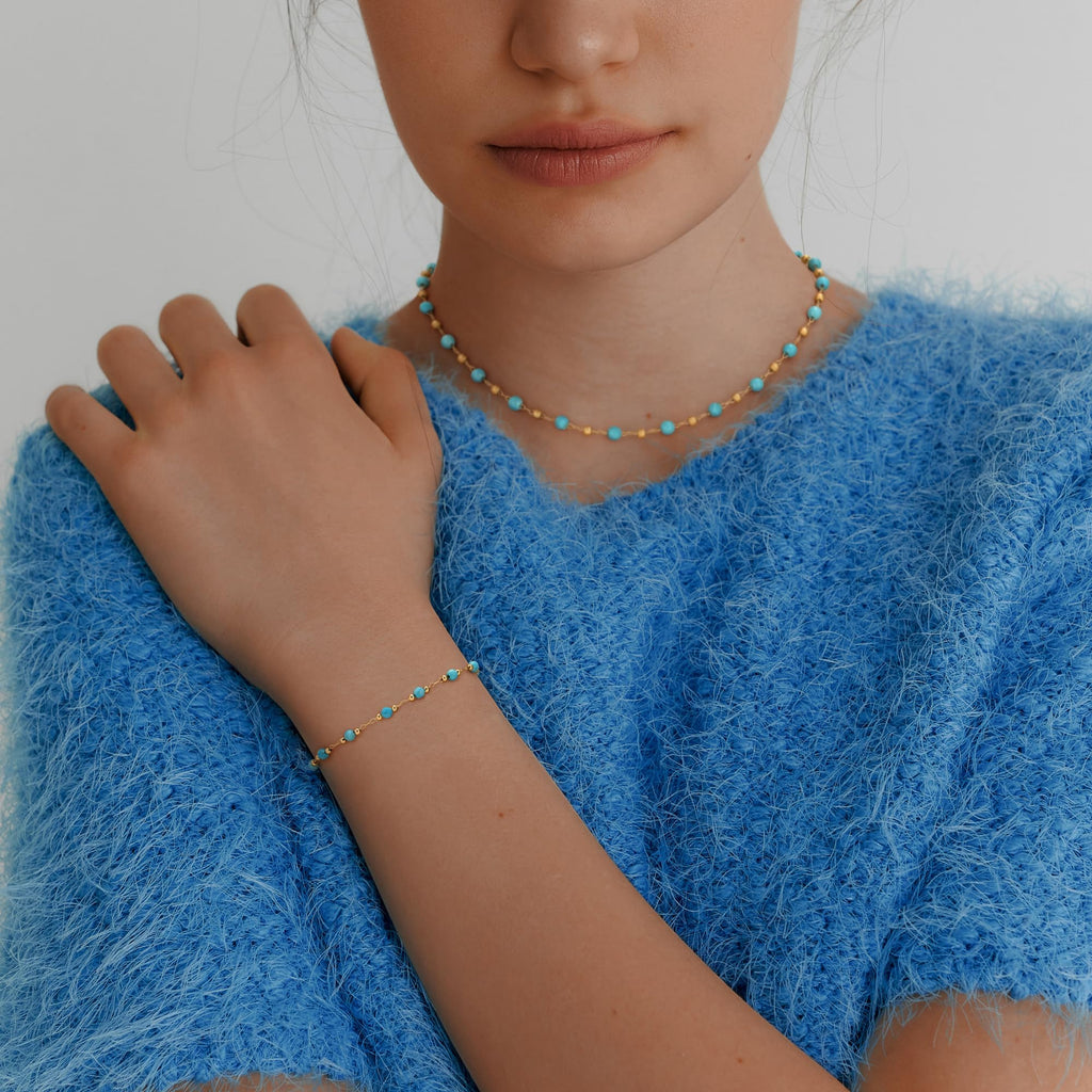 MEVECCO Gold Round Turquoise Beaded Bracelets,14K Gold Plated Handmade Cute Dainty Bracelet for Women