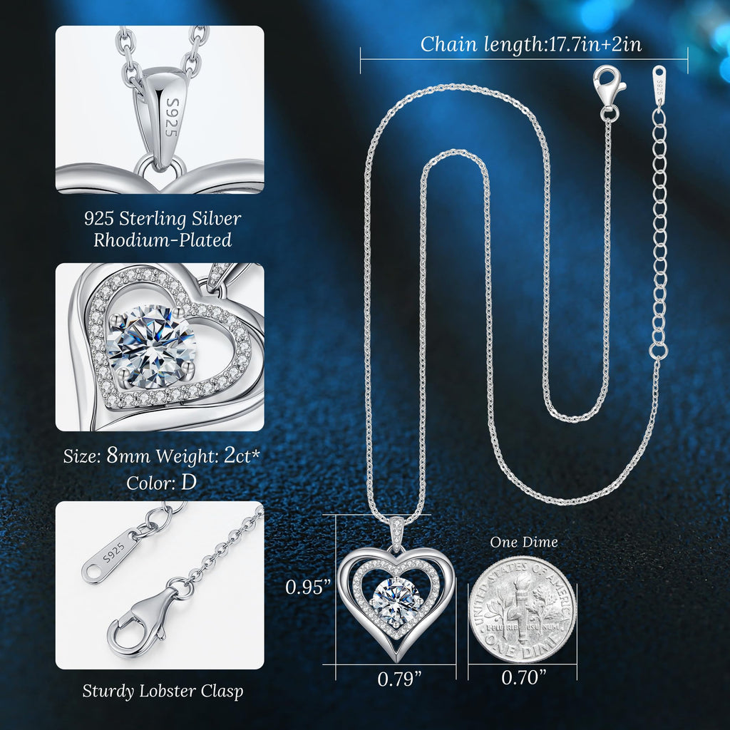 Valentine's Day Gift Moissanite Heart Pendant Necklaces for Women, 925 Sterling Silver Necklace Engraved with 'I LOVE YOU', Ideal Anniversary Birthday Jewelry Gifts for Mom Wife Girlfriend Daughter Her