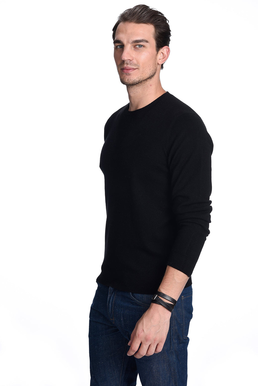 State Cashmere Men's Essential Crewneck Sweater 100% Pure Cashmere Classic Long Sleeve Pullover (Black, Large)