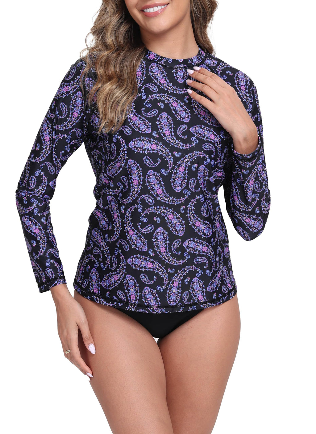 Halcurt Women's Long Sleeve Rash Guard Swim Shirts Quick Dry UPF50+ UV Sun Protection Swimsuit Top Black Purple Paisley M