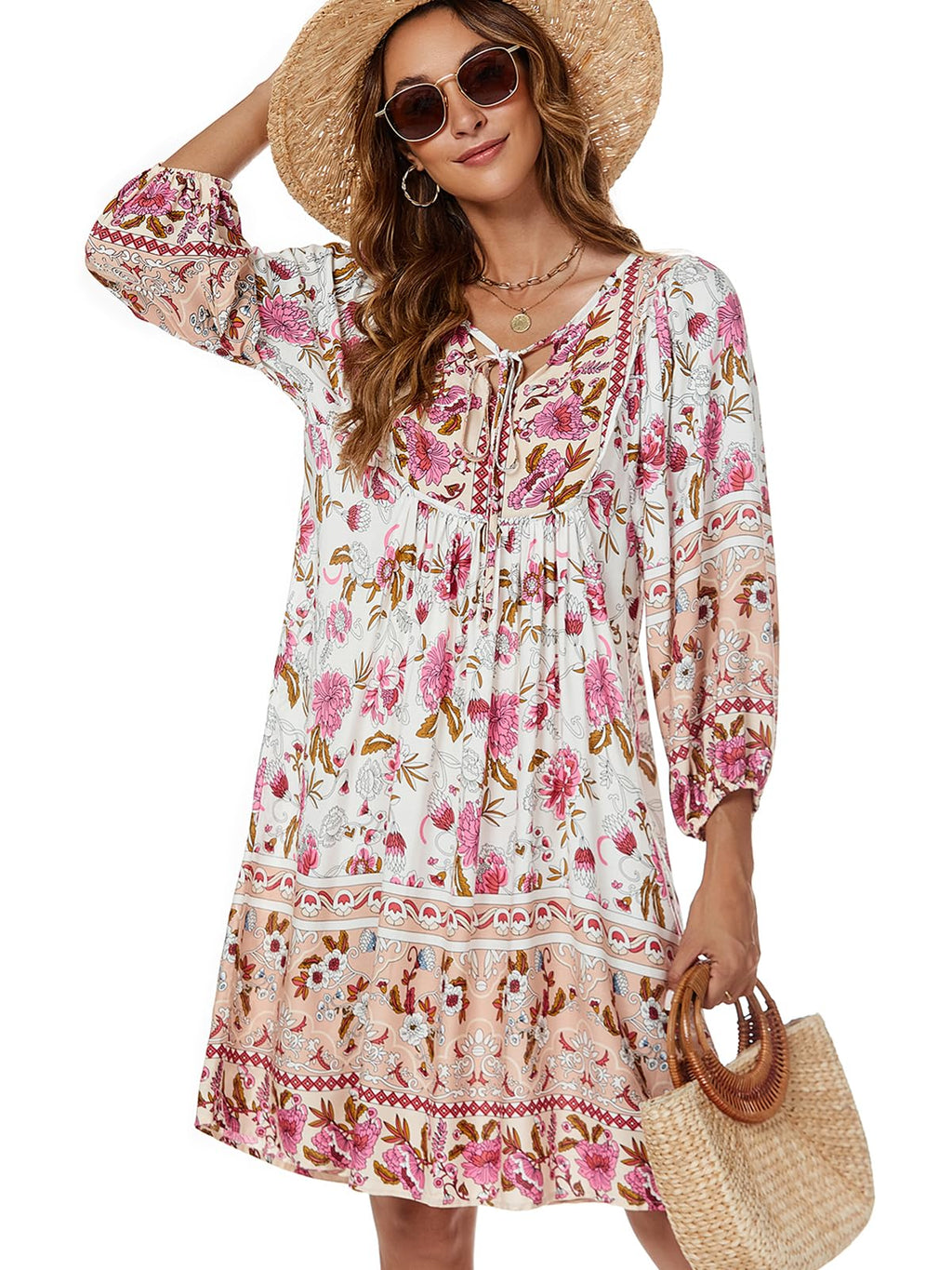 Qearal Summer Dresses for Women Casual Beach Vacation 3/4 Puffy Sleeve Boho Sun Dresses White XL