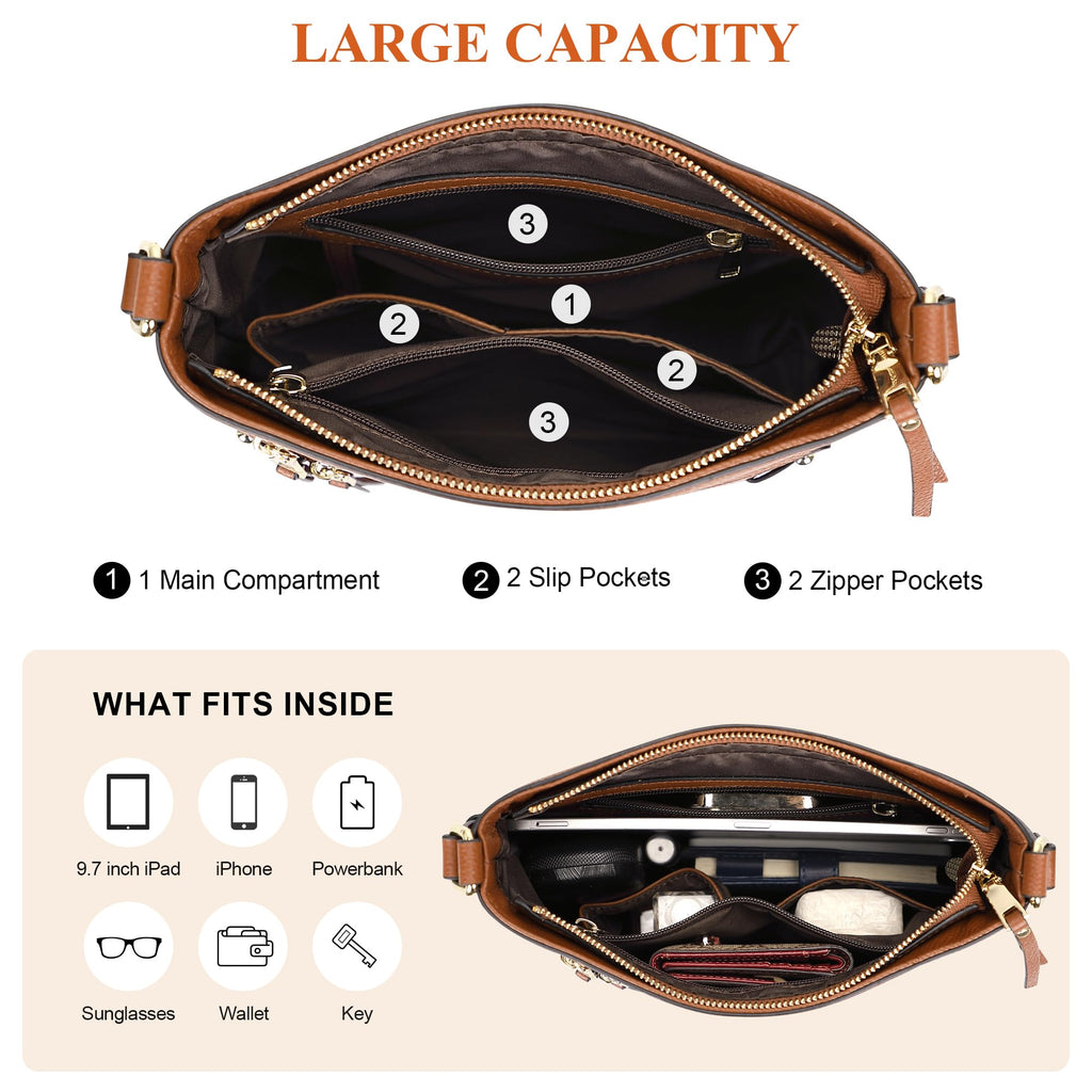 Over Earth Leather Crossbody Bags for Women Medium Shoulder Purse Multi Pocket Shoulder Handbag with Adjustable Strap(O199E Brown)