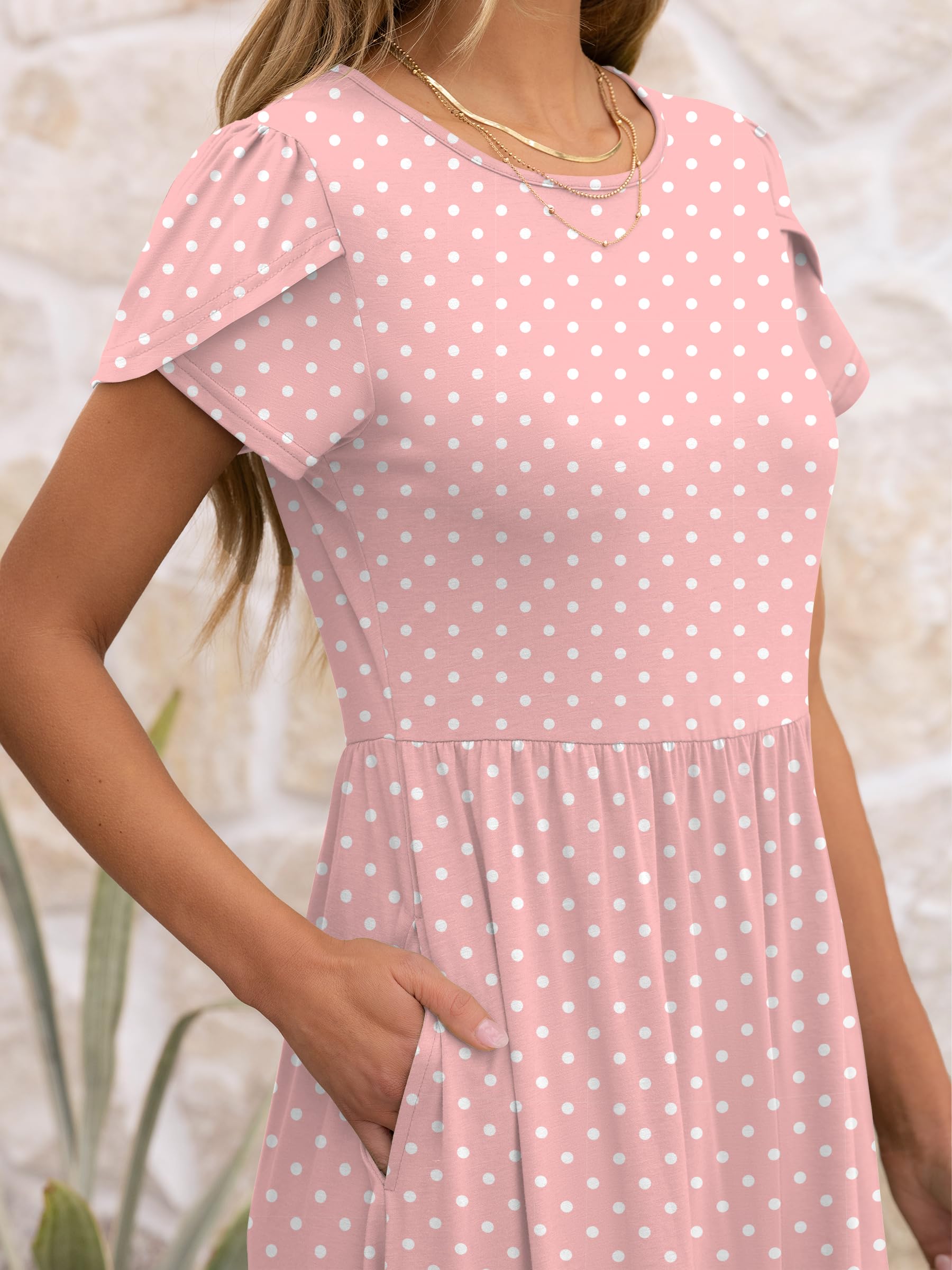 ANRABESS Women's Summer Short Sleeve A-Line Midi Dresses Casual Floral T-Shirt Dresses Flowy Beach Sundress with Pockets Pink Round Dot Large