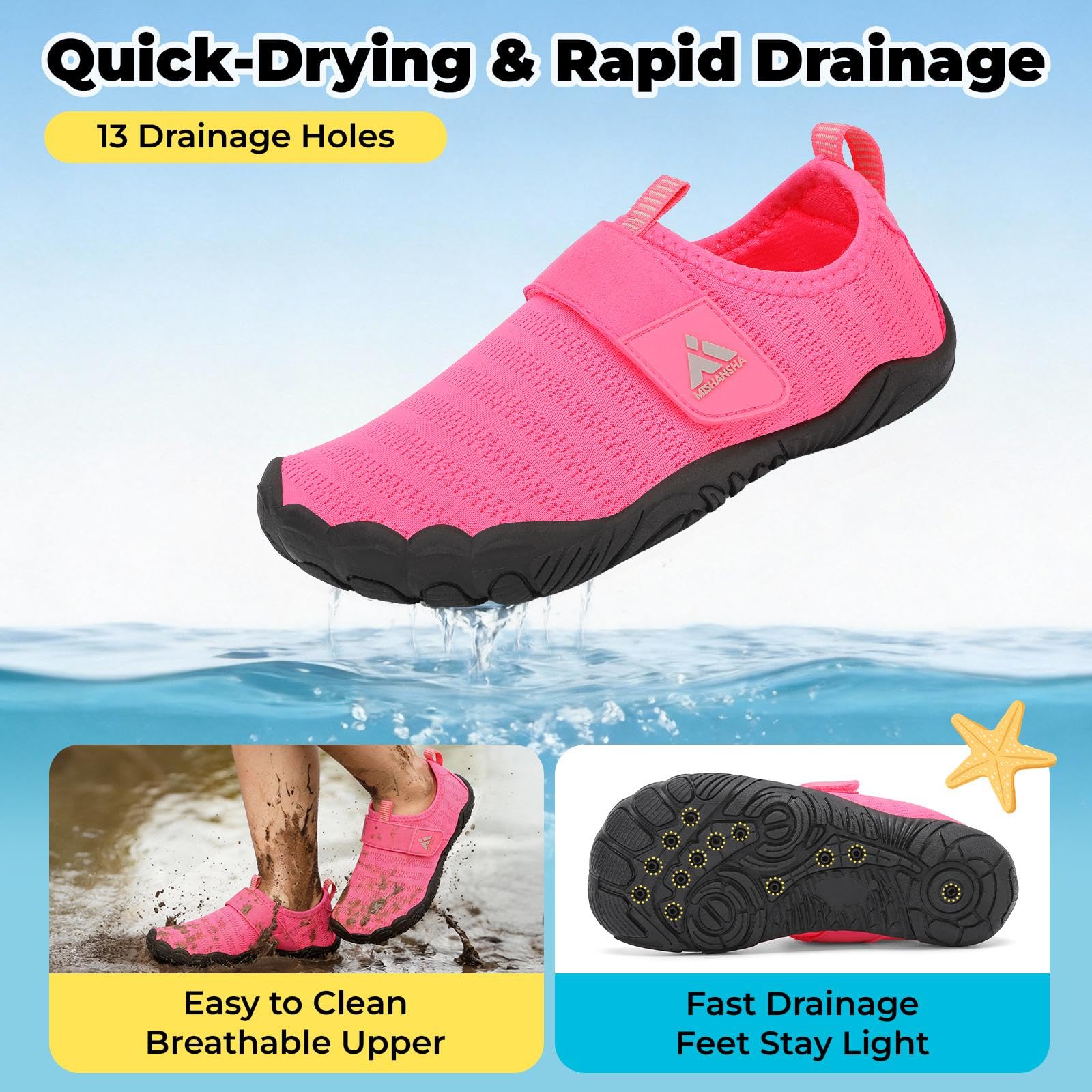 Mishansha Kids Water Shoes Quick-Dry Wide Toe Box Non-Slip Barefoot Shoes Beach Pool Swim Shoes Hot Pink 13 Little Kid