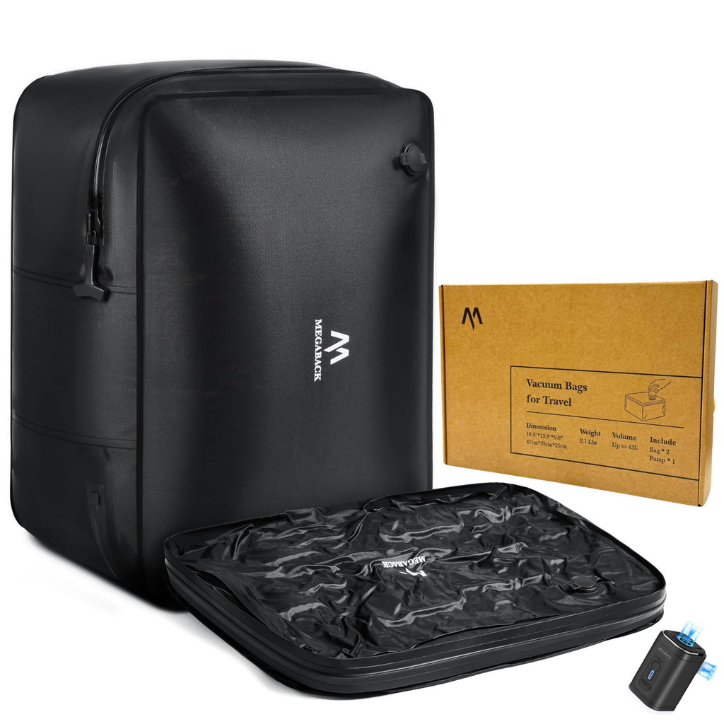 Megaback Vacuum Bags for Travel with Pump, Reusable Vacuum Compression Bags for Luggage, IP68 Waterproof, Top-open Design, Fits 20/24/28 Inch Suitcase (2PC+Pump, 43L)