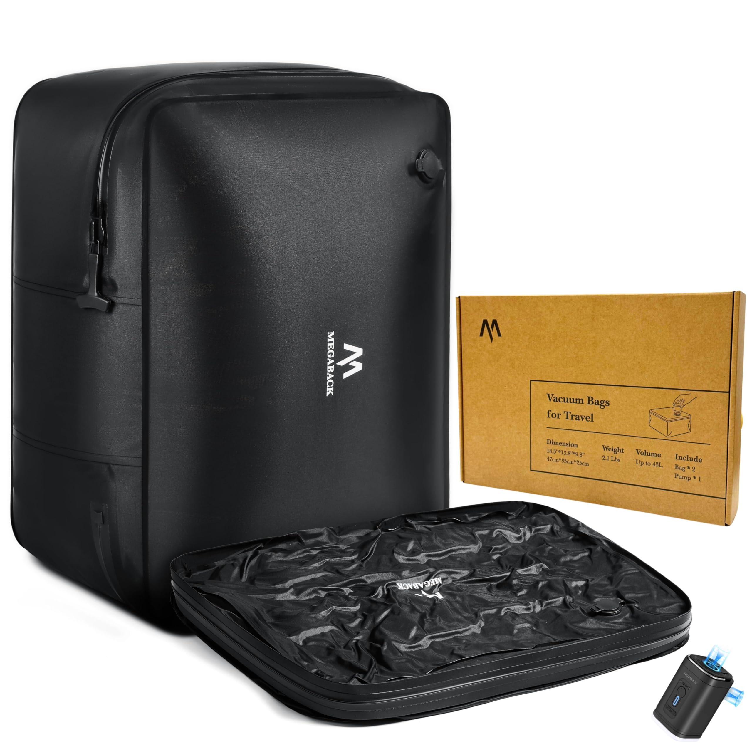 Megaback Vacuum Bags for Travel with Pump, Reusable Vacuum Compression Bags for Luggage, IP68 Waterproof, Top-open Design, Fits 20/24/28 Inch Suitcase (2PC+Pump, 43L)