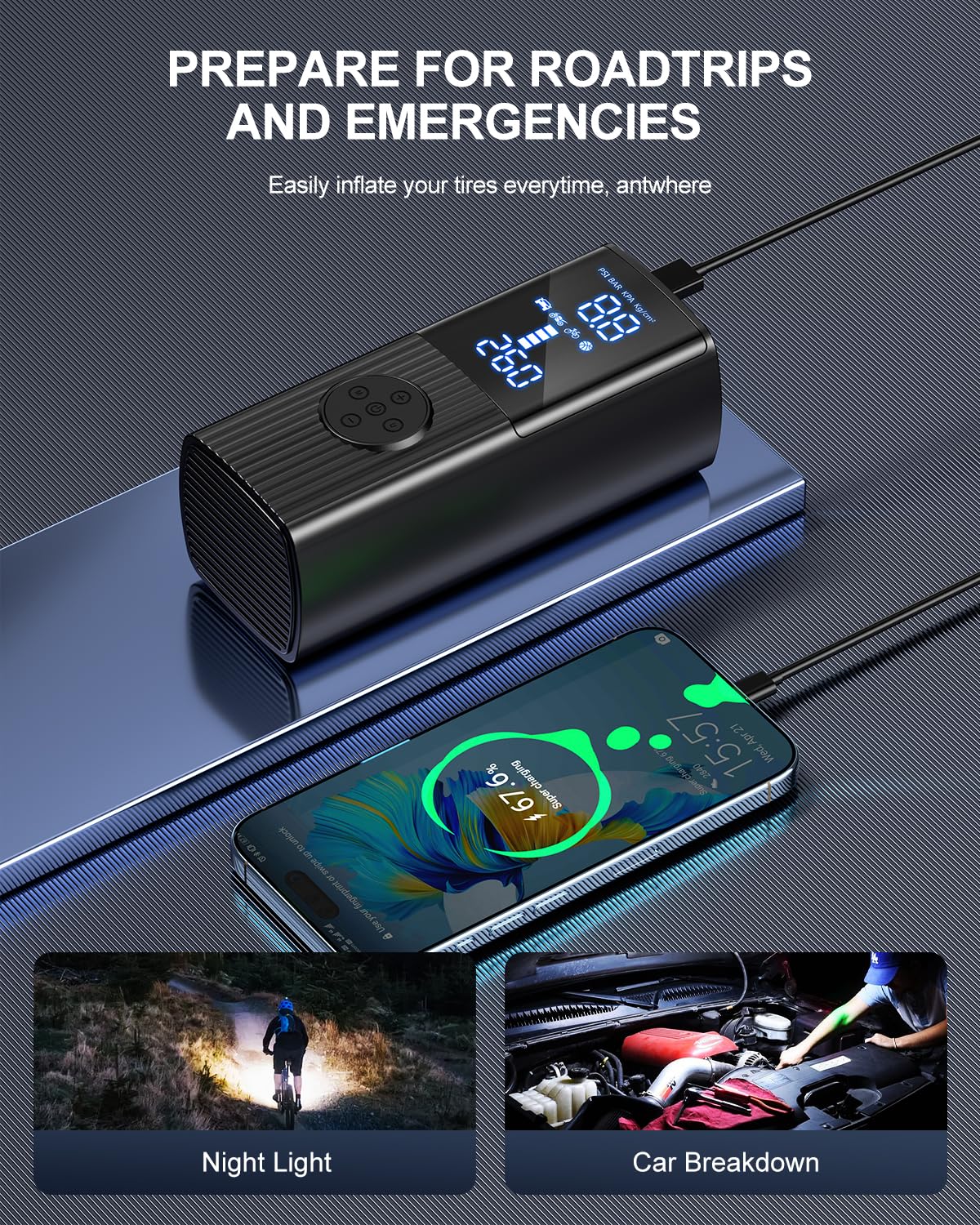Hafuloky Tire Inflator Portable Air Compressor, 180PSI Cordless Air Pump with Digital Gauge, LED Light and Auto Shut-Off Function, 3X Faster Air Compressor for Car, Motorcycle, Bicycle, Ball