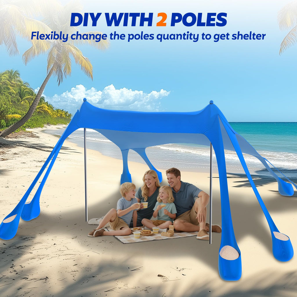 FAHKNS Beach Tent, Camping Sun Shade UPF50+ with 8 Sandbags, Sand Shovel, Ground Spikes and Stabilizer Poles, 10x10ft Beach Sunshade, Beach Tent for Camping, Fishing and Picnicking (Blue)